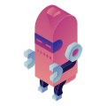 A pink robot with wrench arms and blue accents.