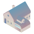 Rumah isometrik bergaya dengan pintu biru.