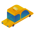 A yellow isometric taxi with blue windows.