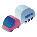 A pink truck pulling a light blue trailer.