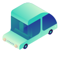 A stylized isometric drawing of a teal van.