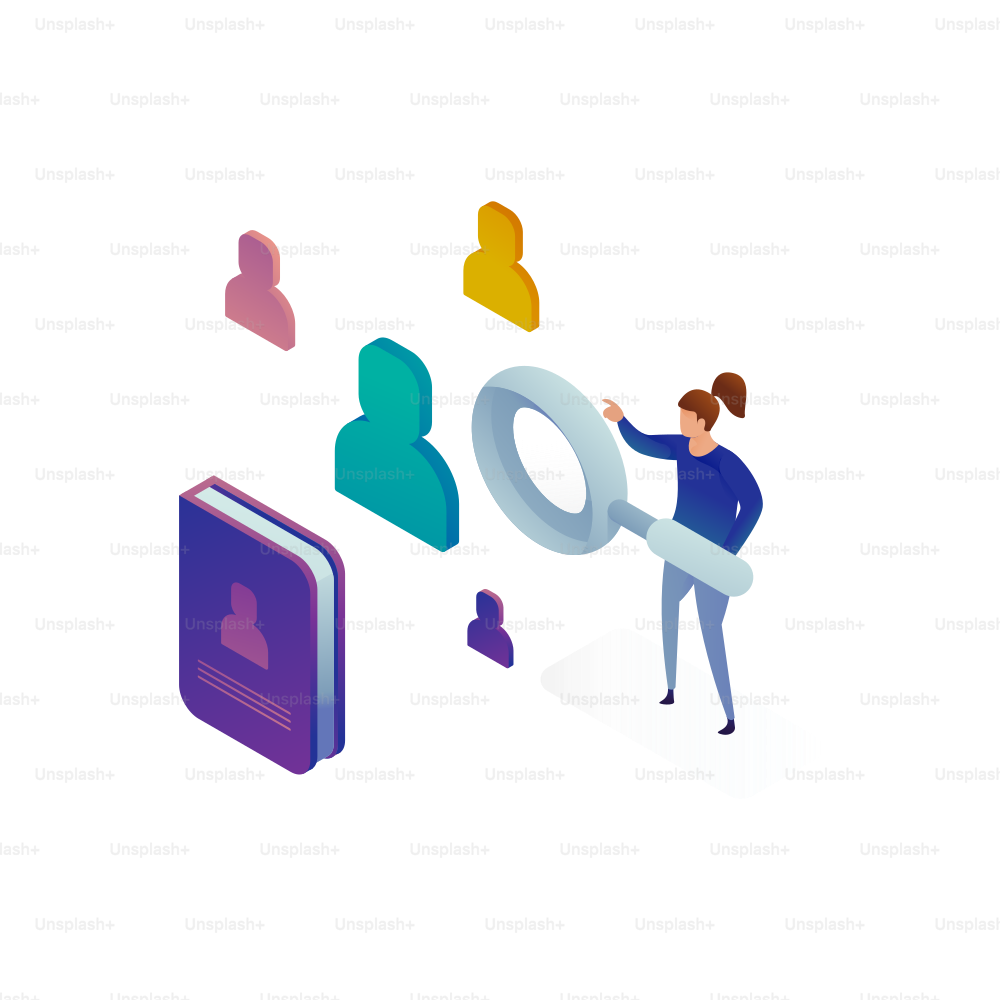 Woman with magnifying glass reviews user profiles.
