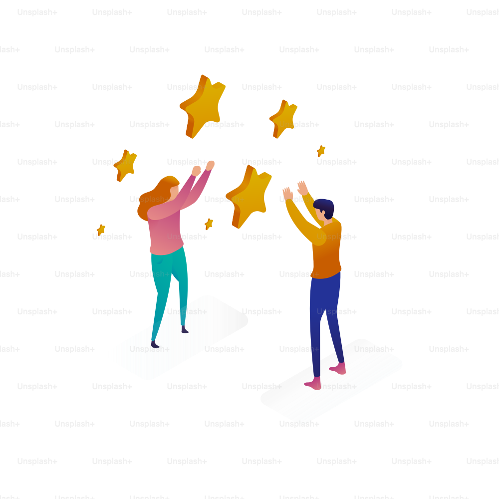 Two people reaching for golden stars
