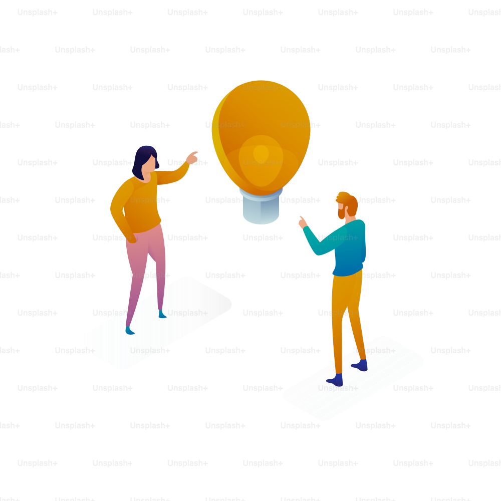 Two people brainstorm near a glowing lightbulb.