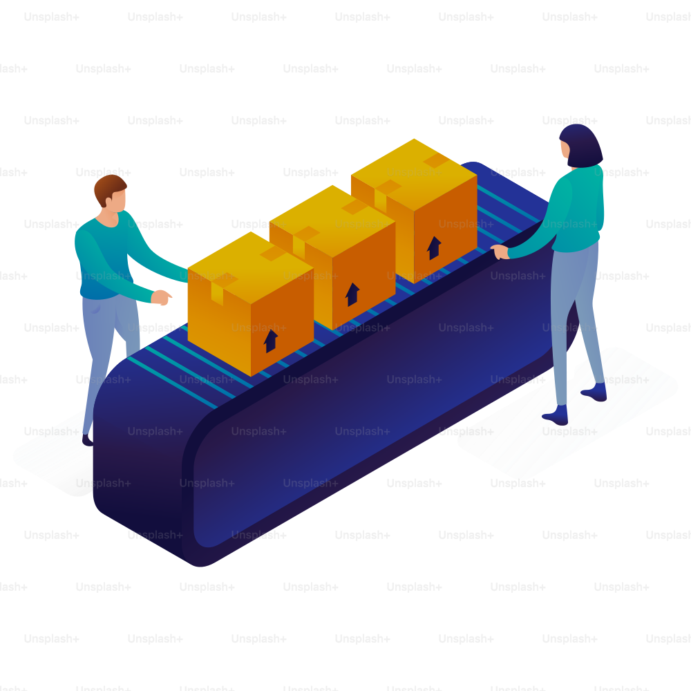 People working with boxes on a conveyor belt