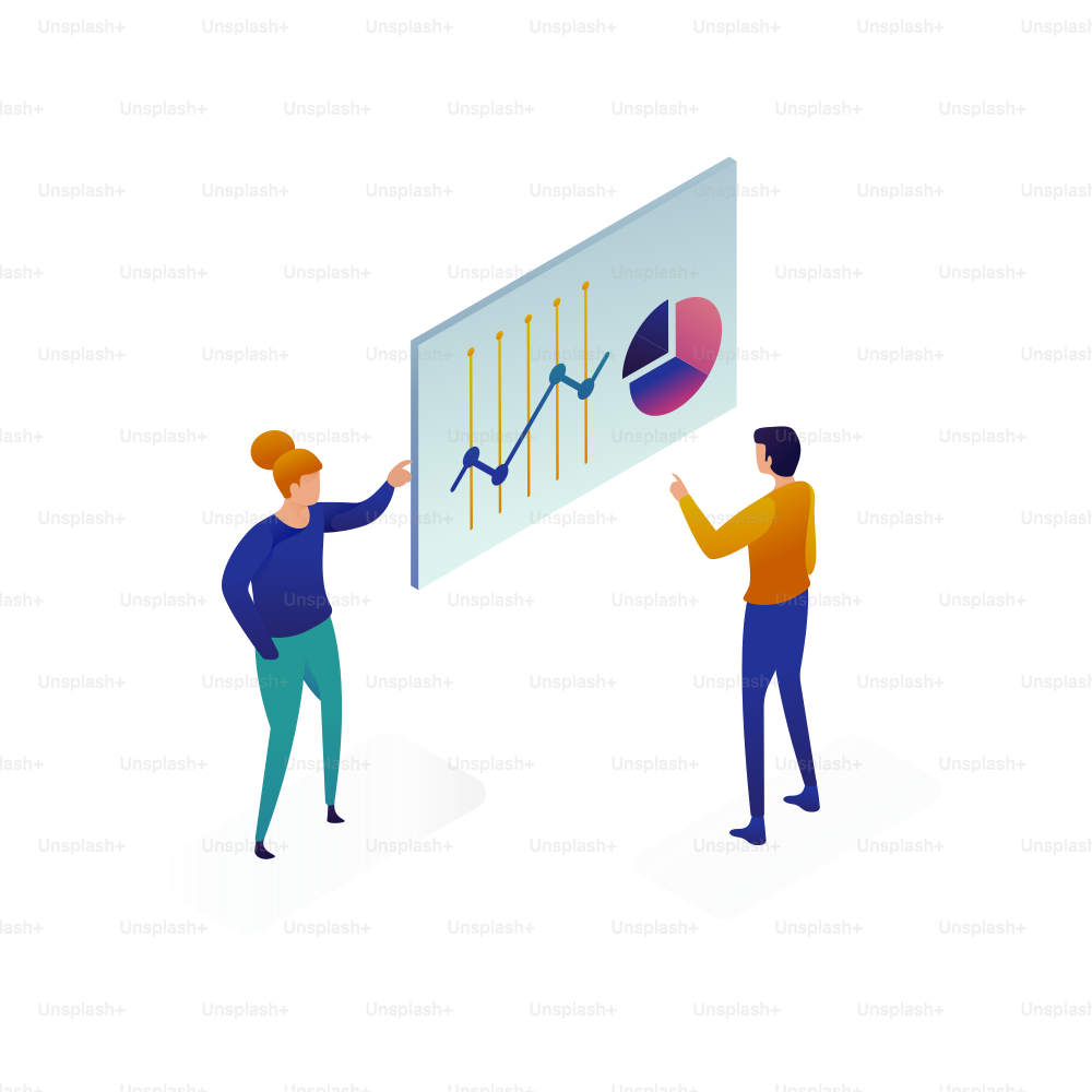 Deux personnes analysant un graphique financier et un graphique circulaire