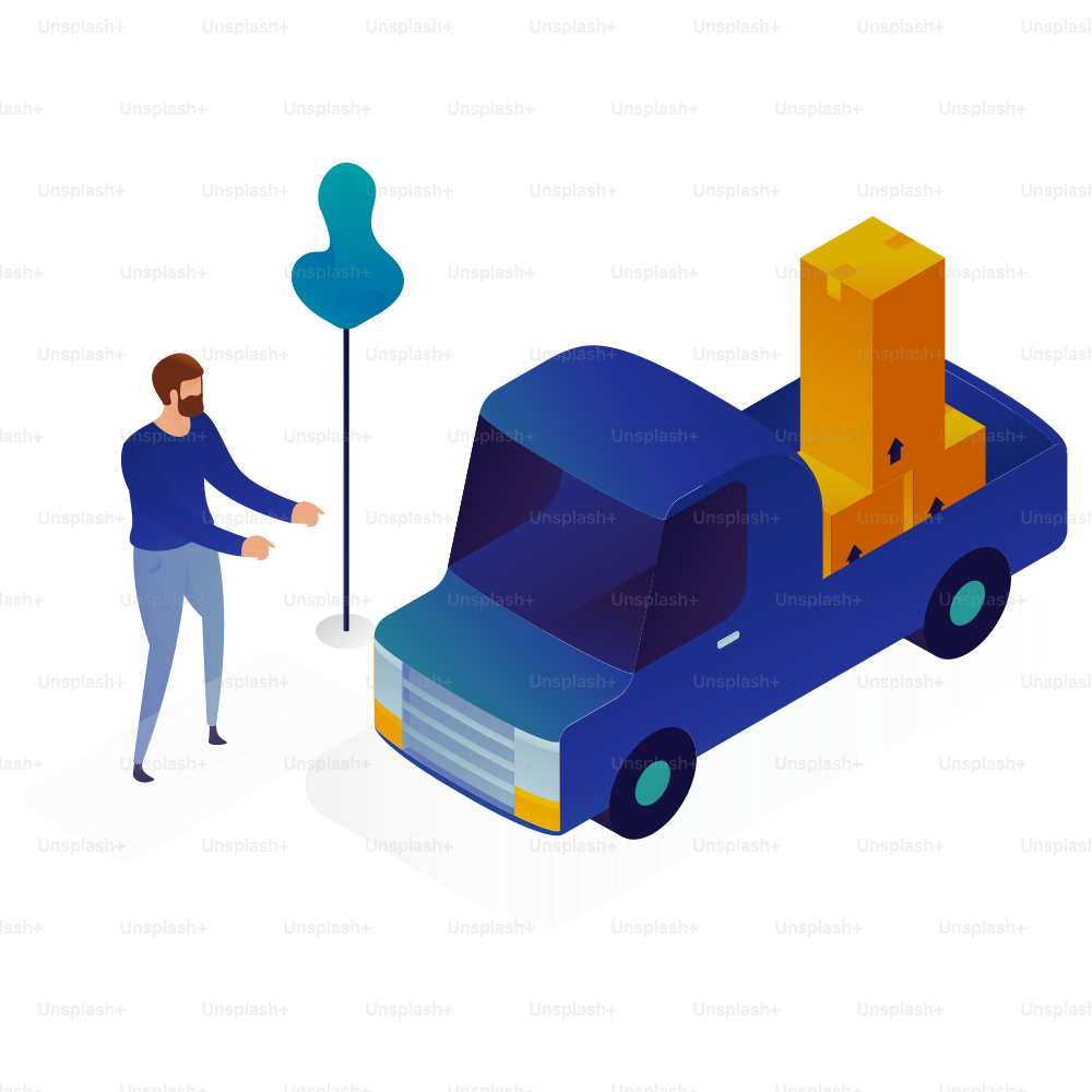Man loading boxes into a blue pickup truck.