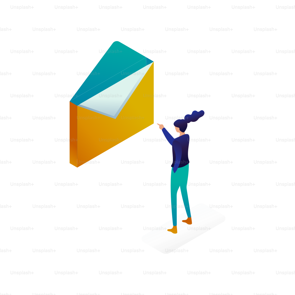 Woman sending email with large envelope icon.