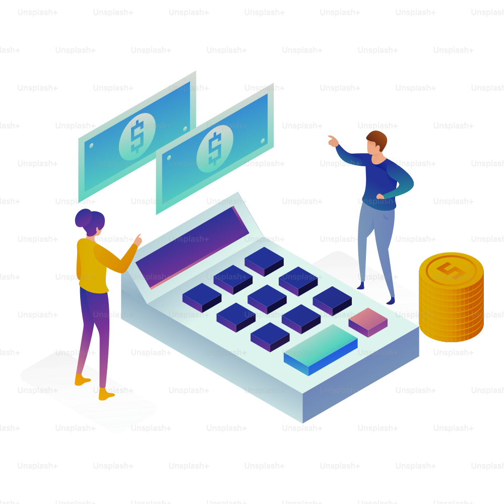 People with calculator, money, and coins
