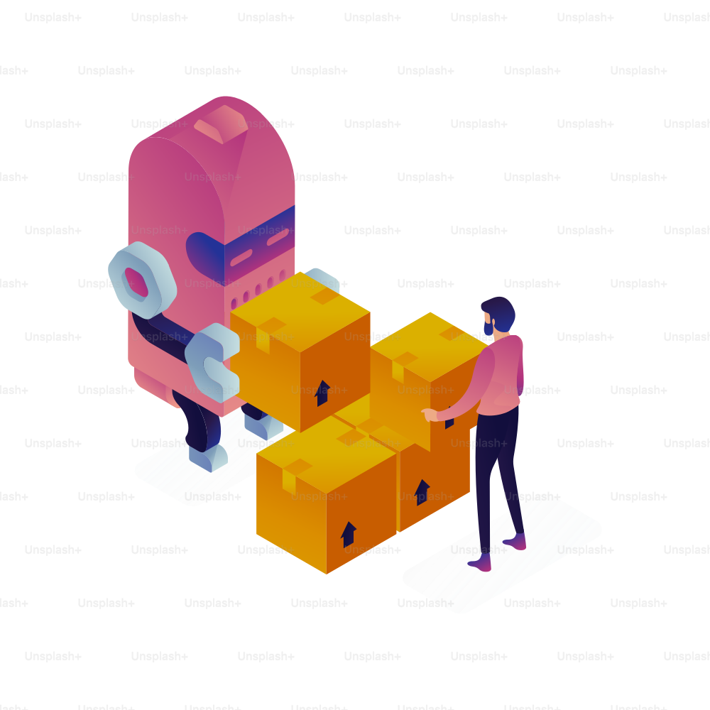 Robot and man stacking cardboard boxes together