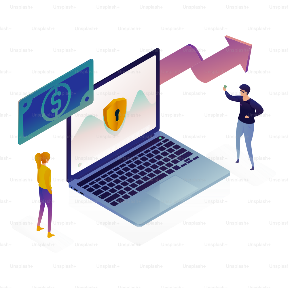 Laptop with security shield and growing arrow.