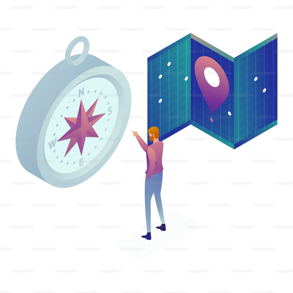 Mann mit Kompass und Karte zeigt auf das Ziel