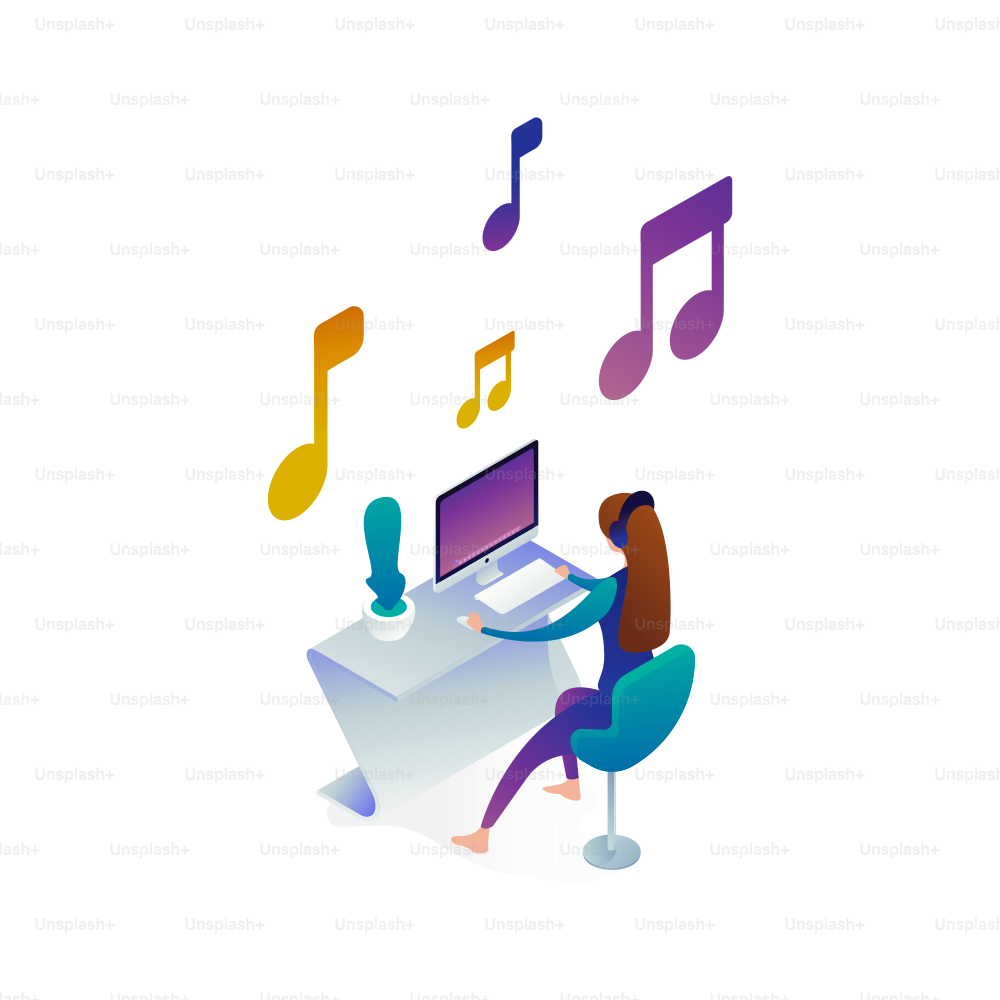 Woman listening to music while working on computer