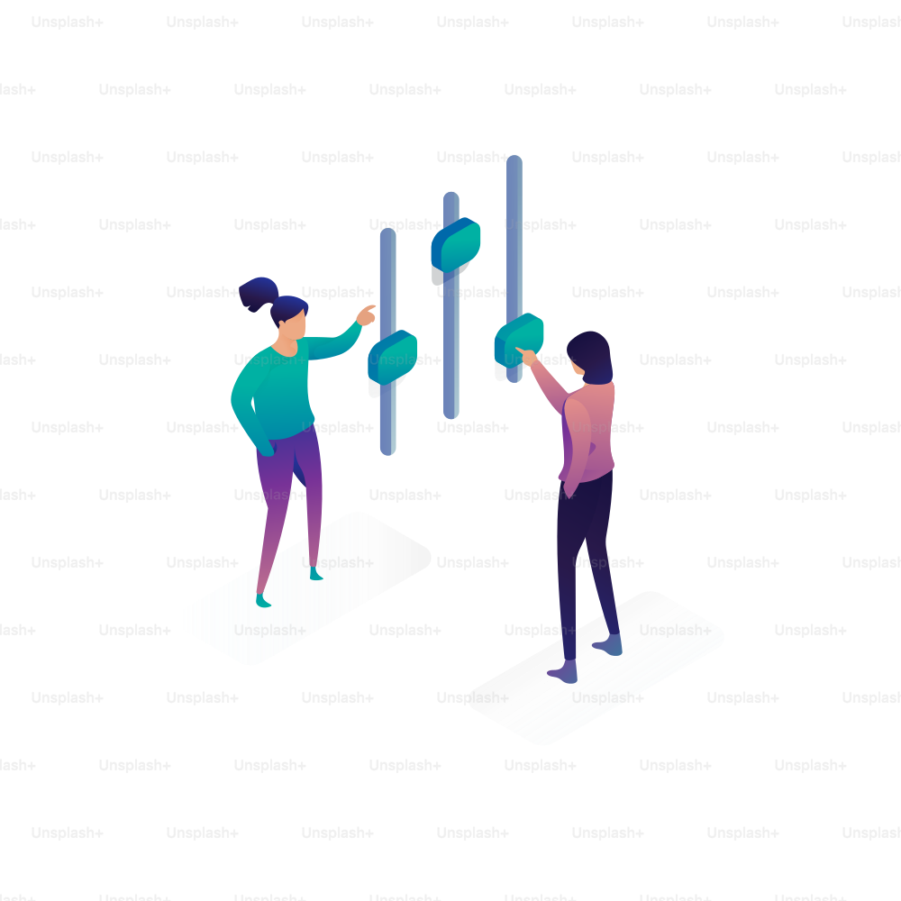 Two people adjusting sliders on a control panel.