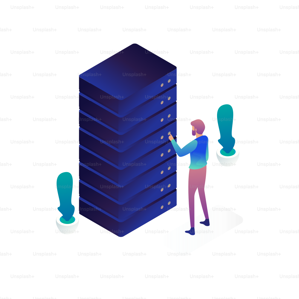Uomo che interagisce con un alto rack di server.