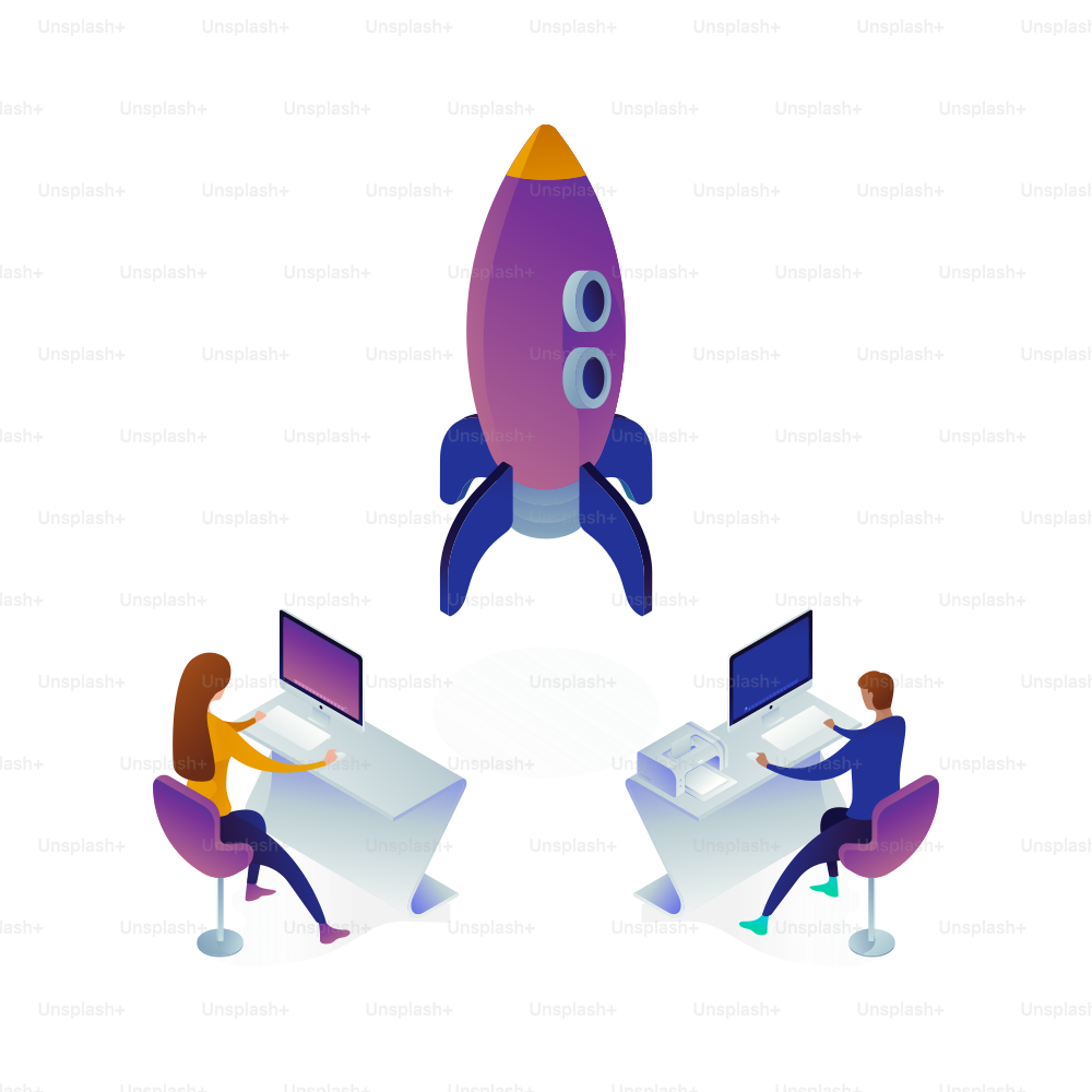 Isometric rocket and people working at desks.