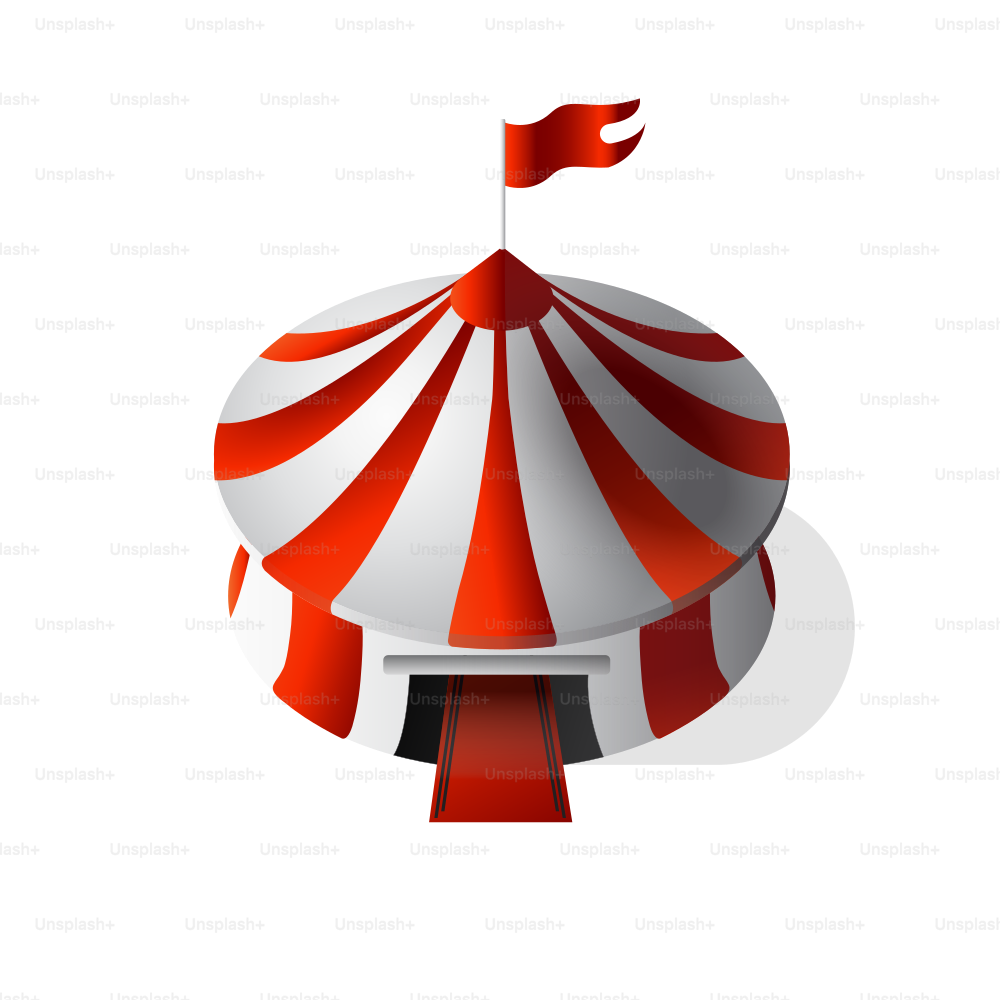 A red and white striped circus tent with entrance