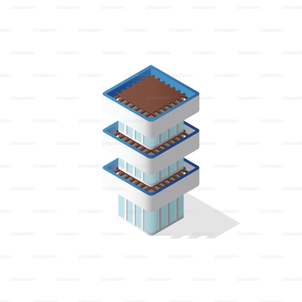 Modernes isometrisches Gebäude mit blauen und weißen Akzenten