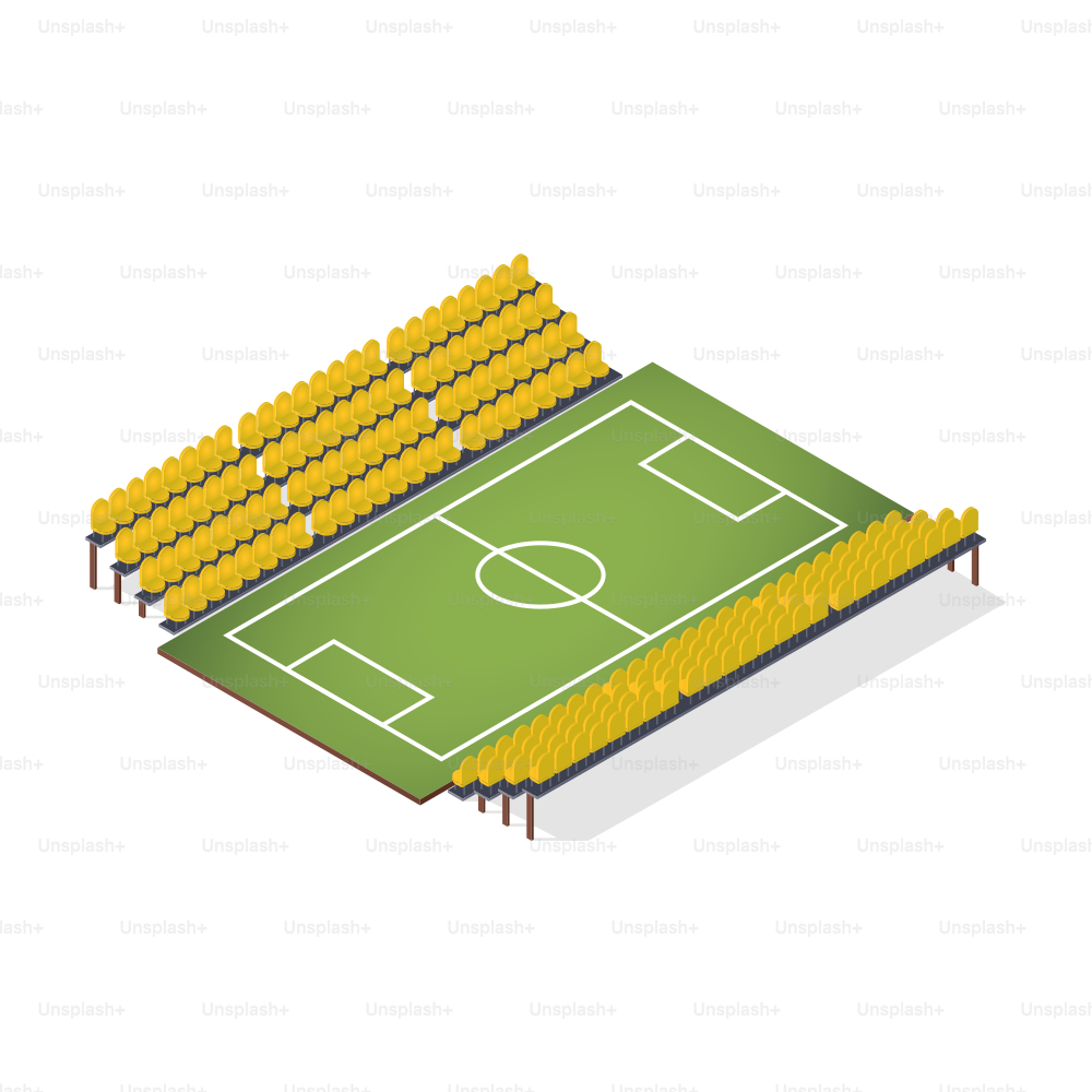 Vista isométrica de un estadio de fútbol con asientos amarillos