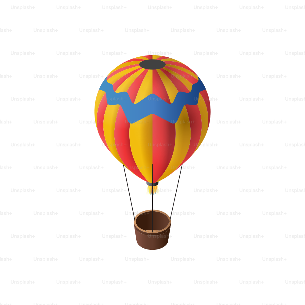 Colorful hot air balloon with a brown basket.