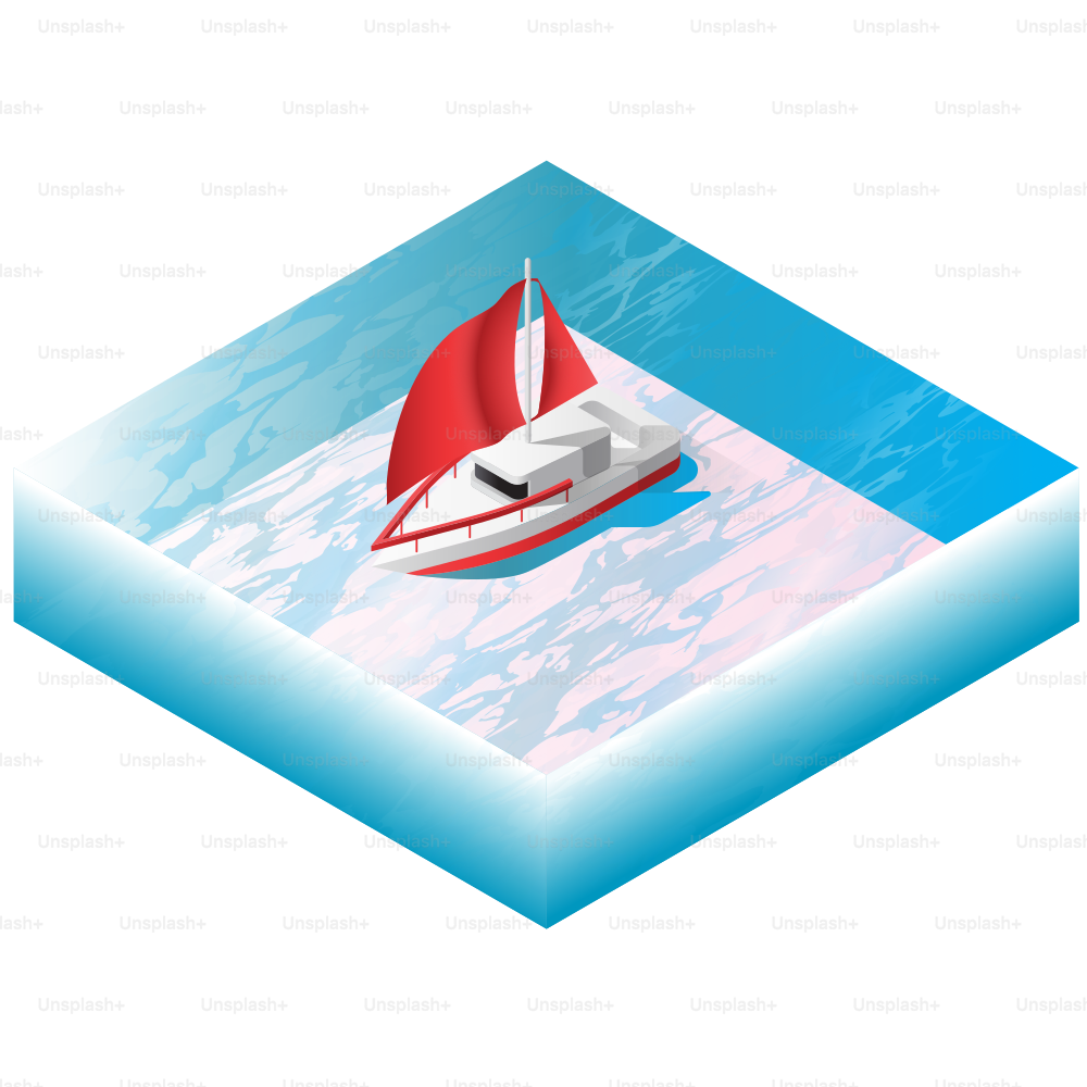 A white sailboat with a red sail on blue water.