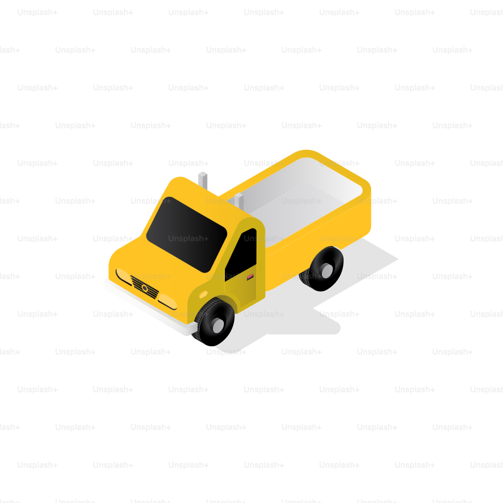 Un camion plateau jaune sur fond blanc