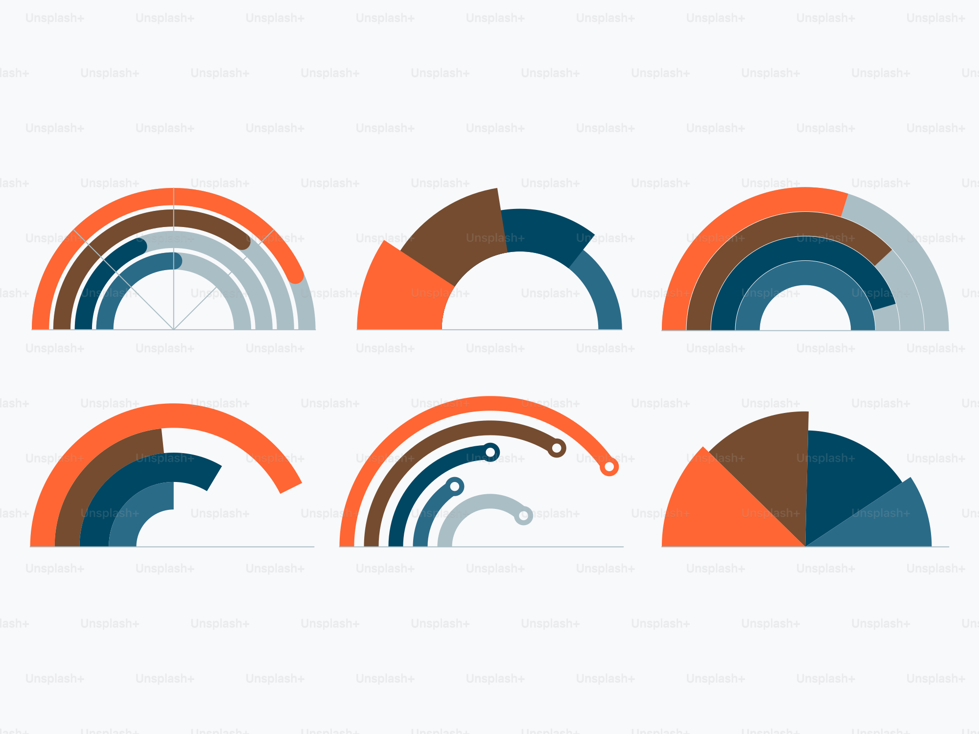 Six colorful semi-circular charts on white background
