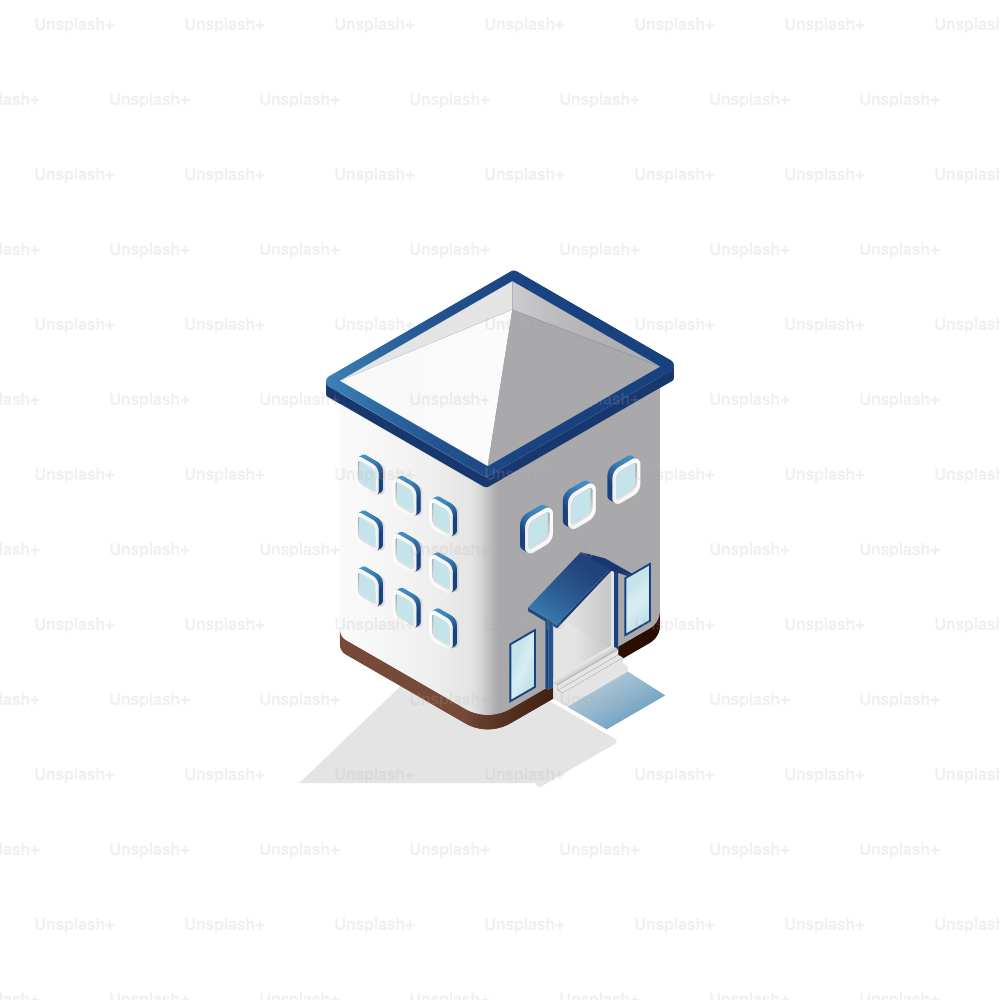 Isometrisches Gebäude mit blauen Akzenten auf weißem Hintergrund