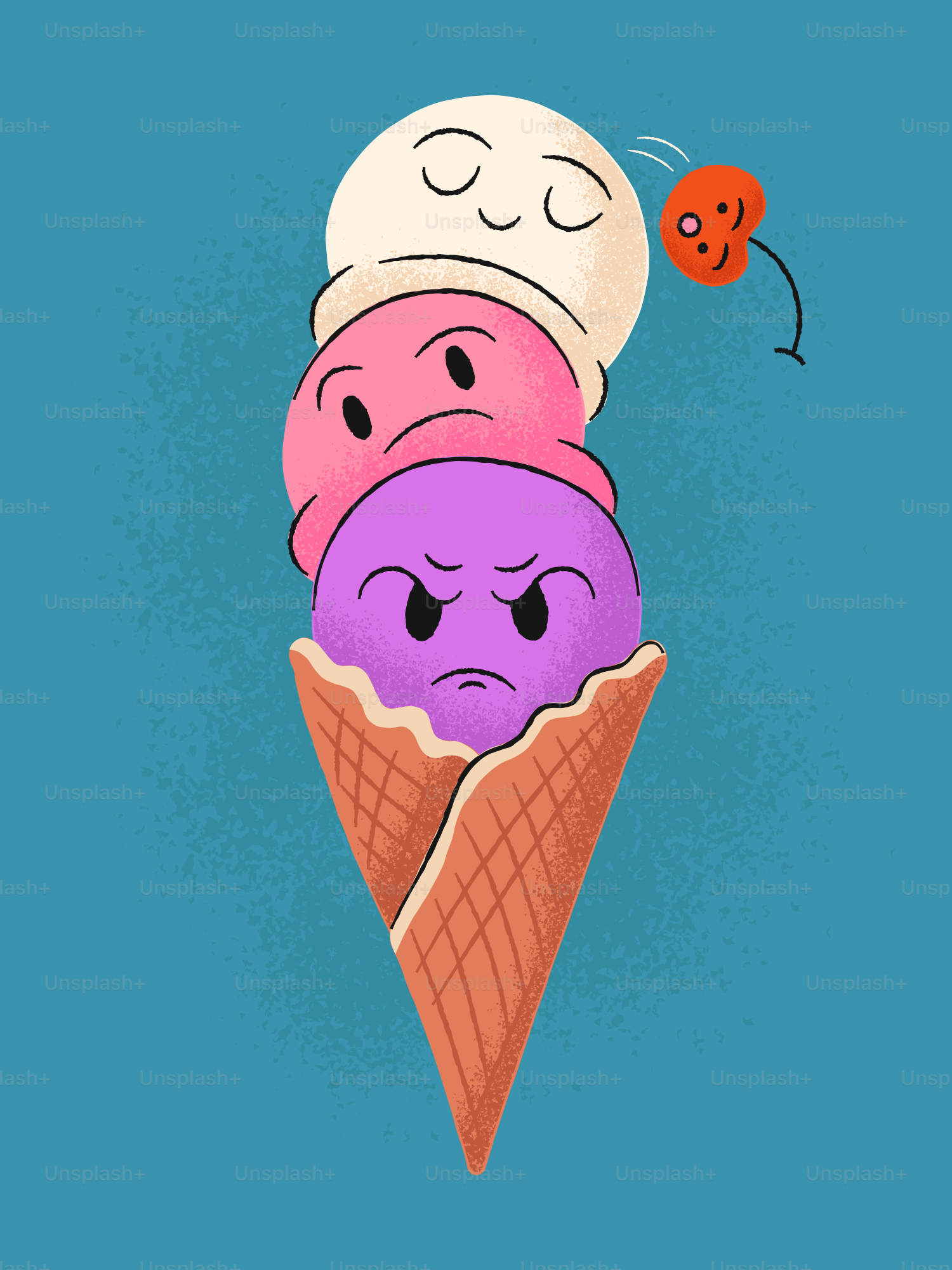 Three scoops of ice cream with faces in a cone.