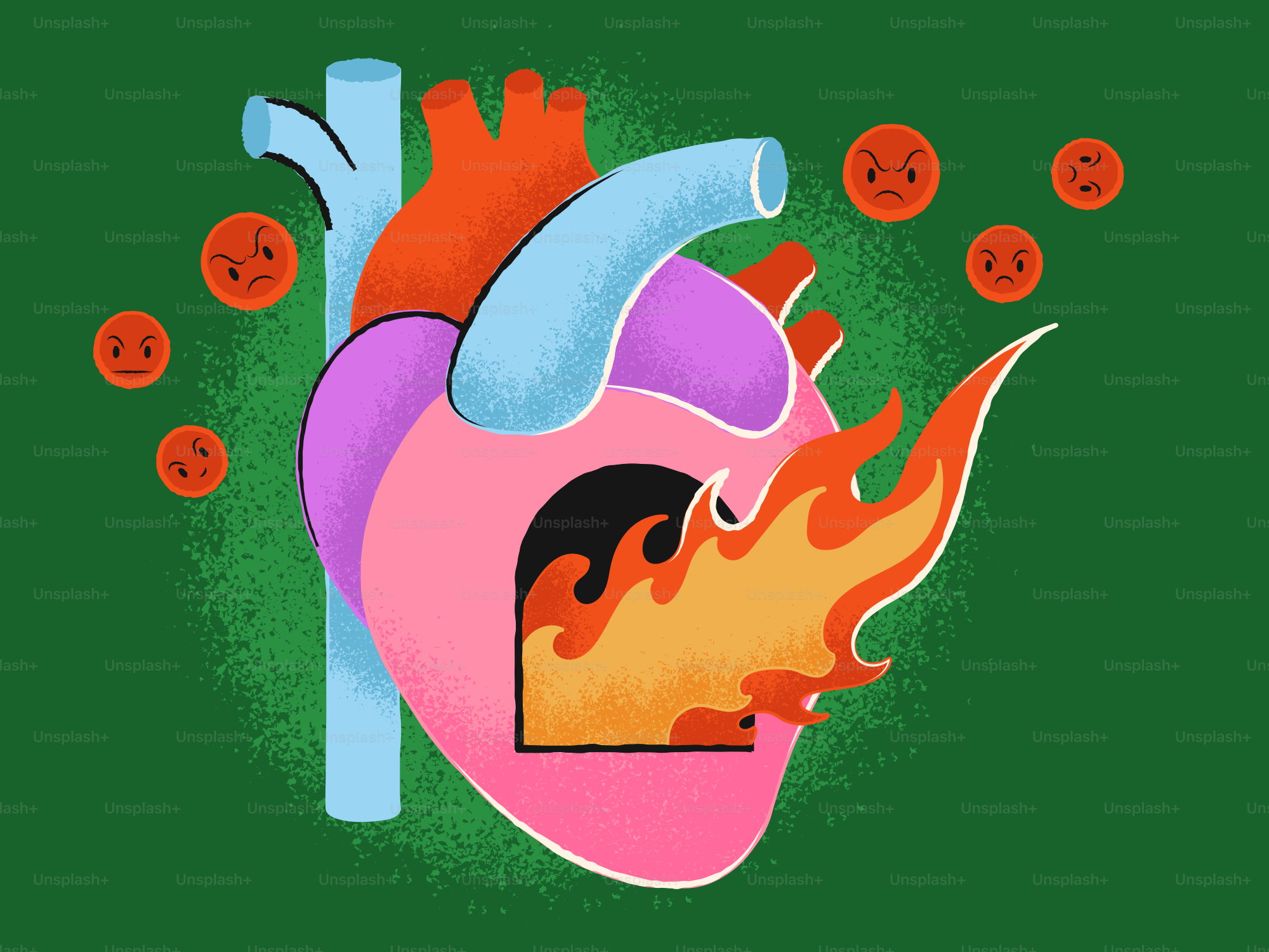 A heart with flames erupting from a window.