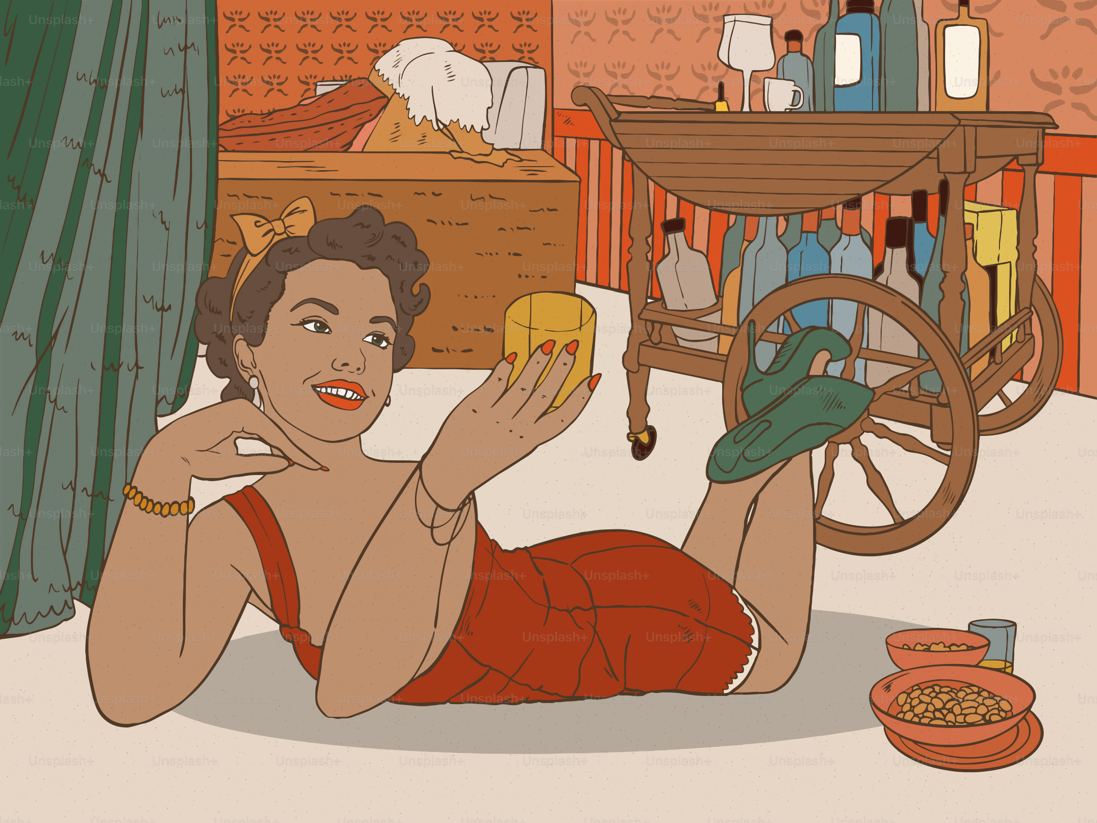 A woman in a red dress holds a drink