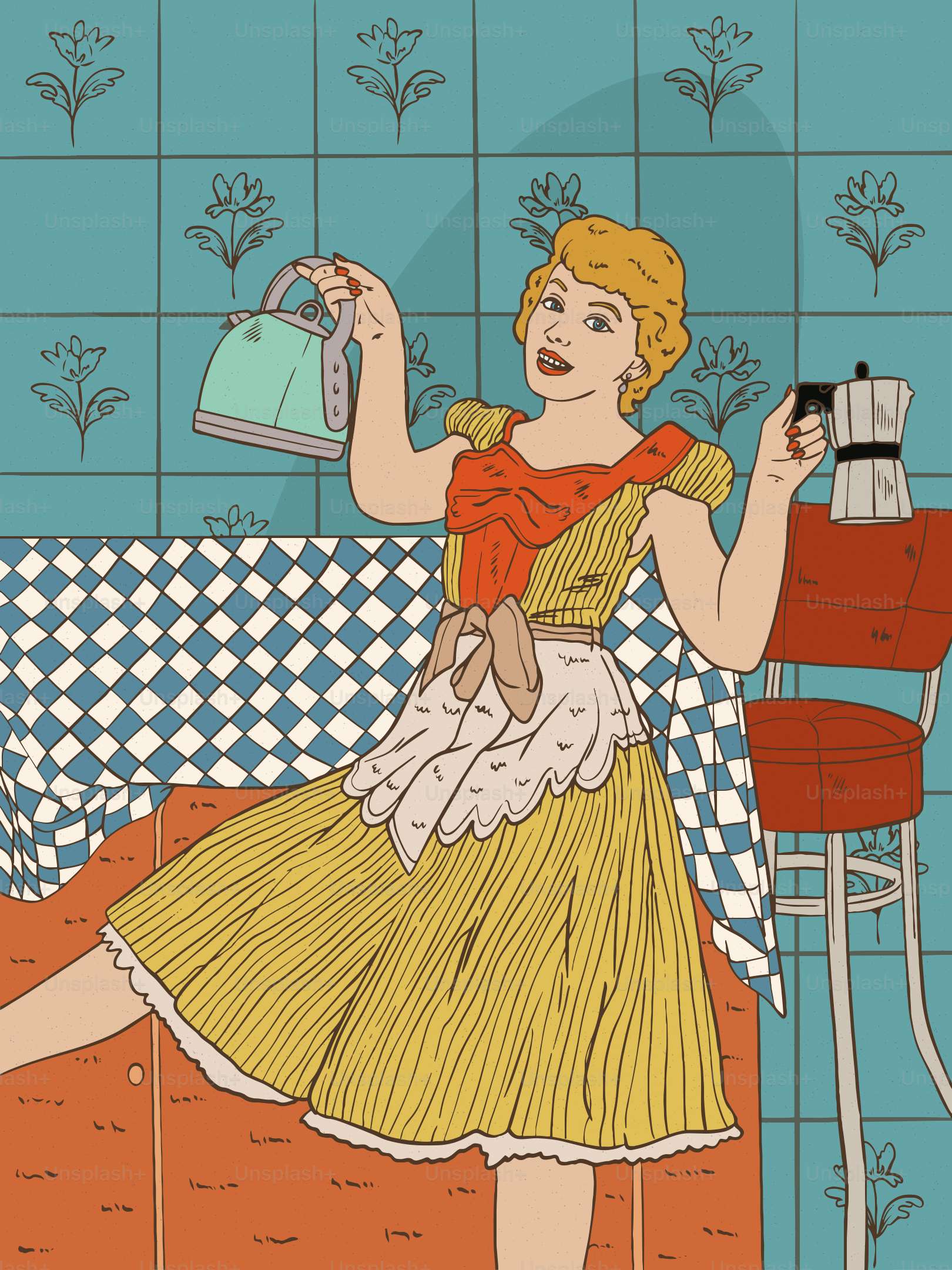 Woman in vintage dress holding kettle and coffee maker