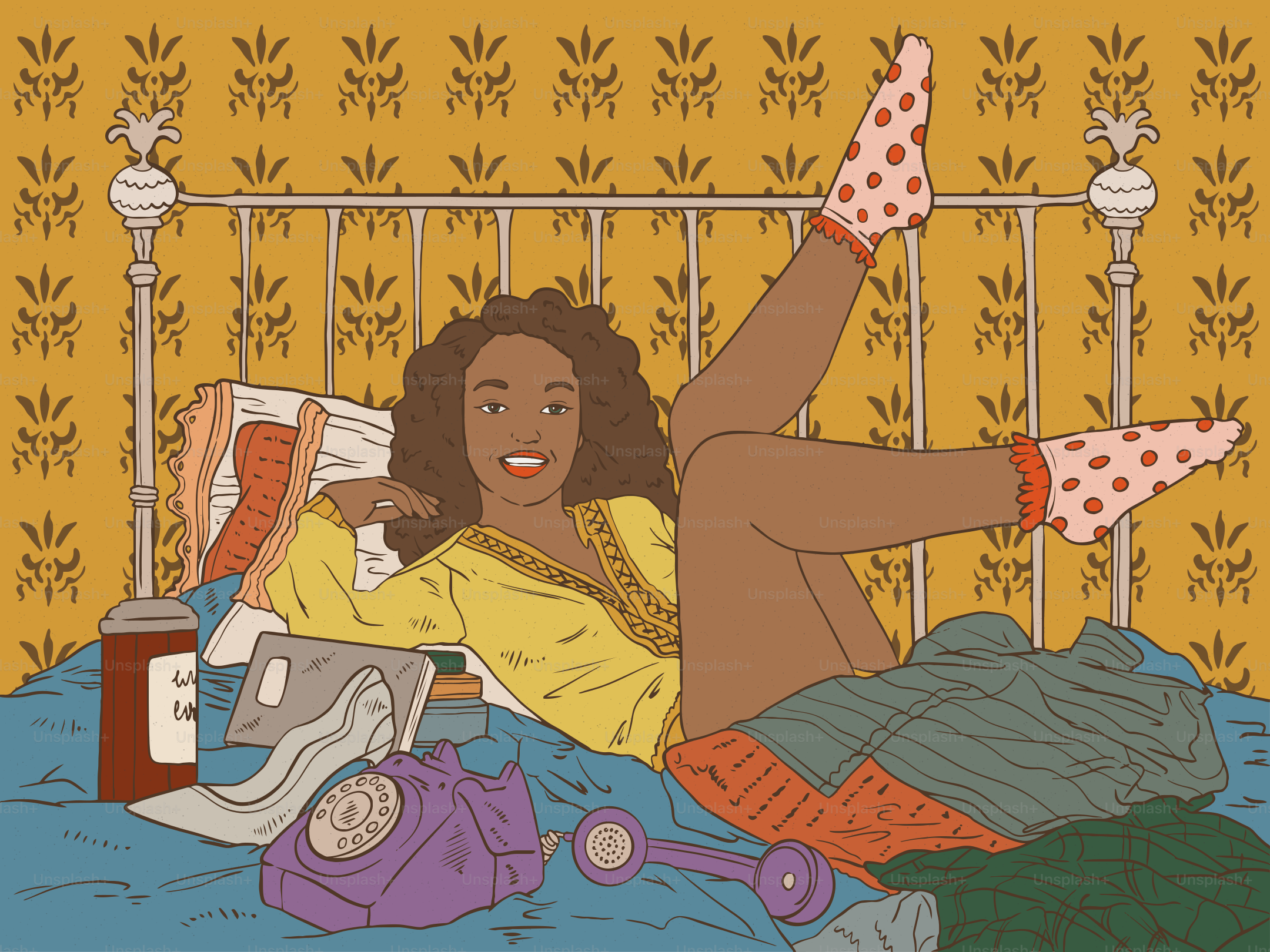 Woman in polka dot socks relaxing on a bed