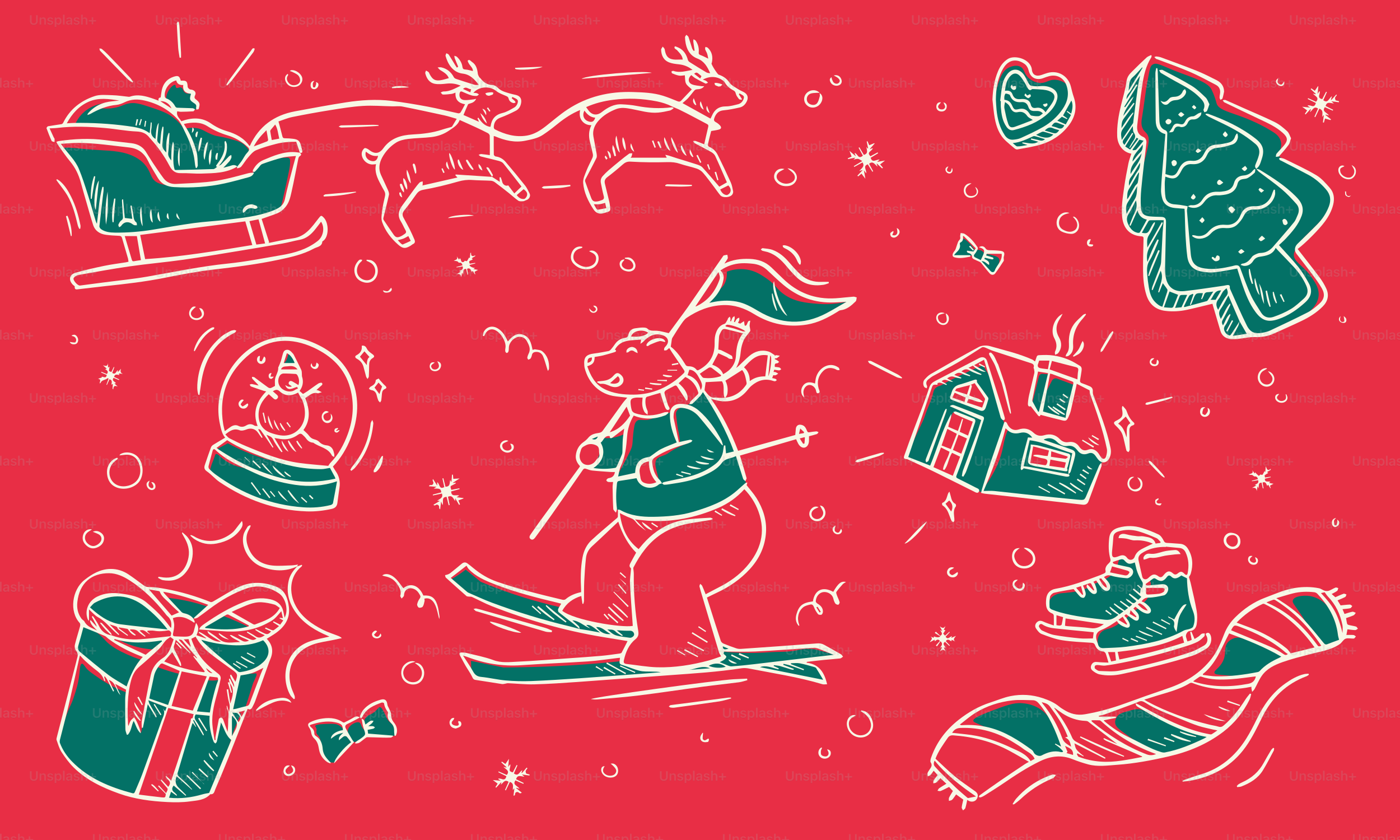 Christmas illustrations on a red background