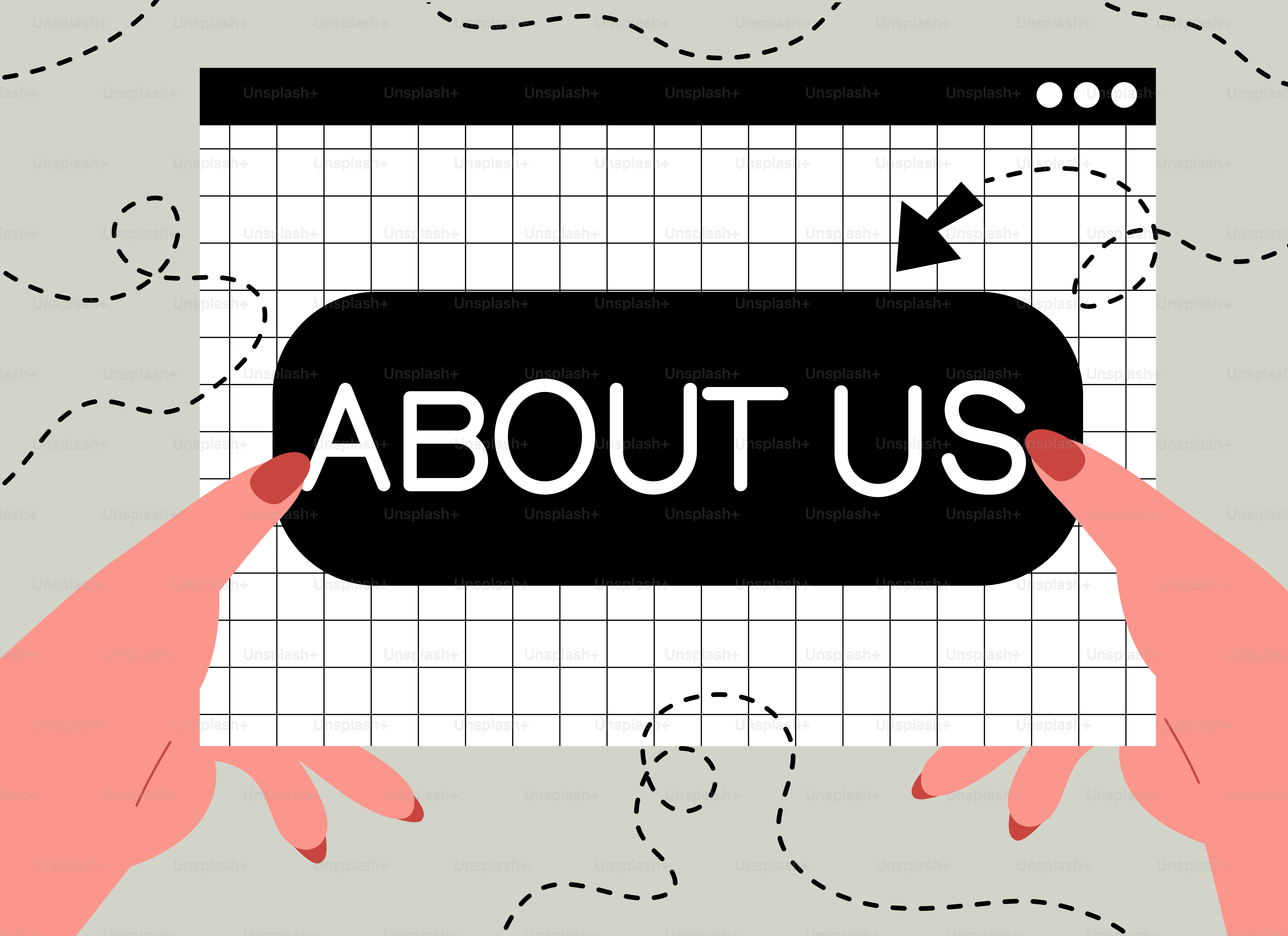 Hands holding a website screen with 'about us' button.