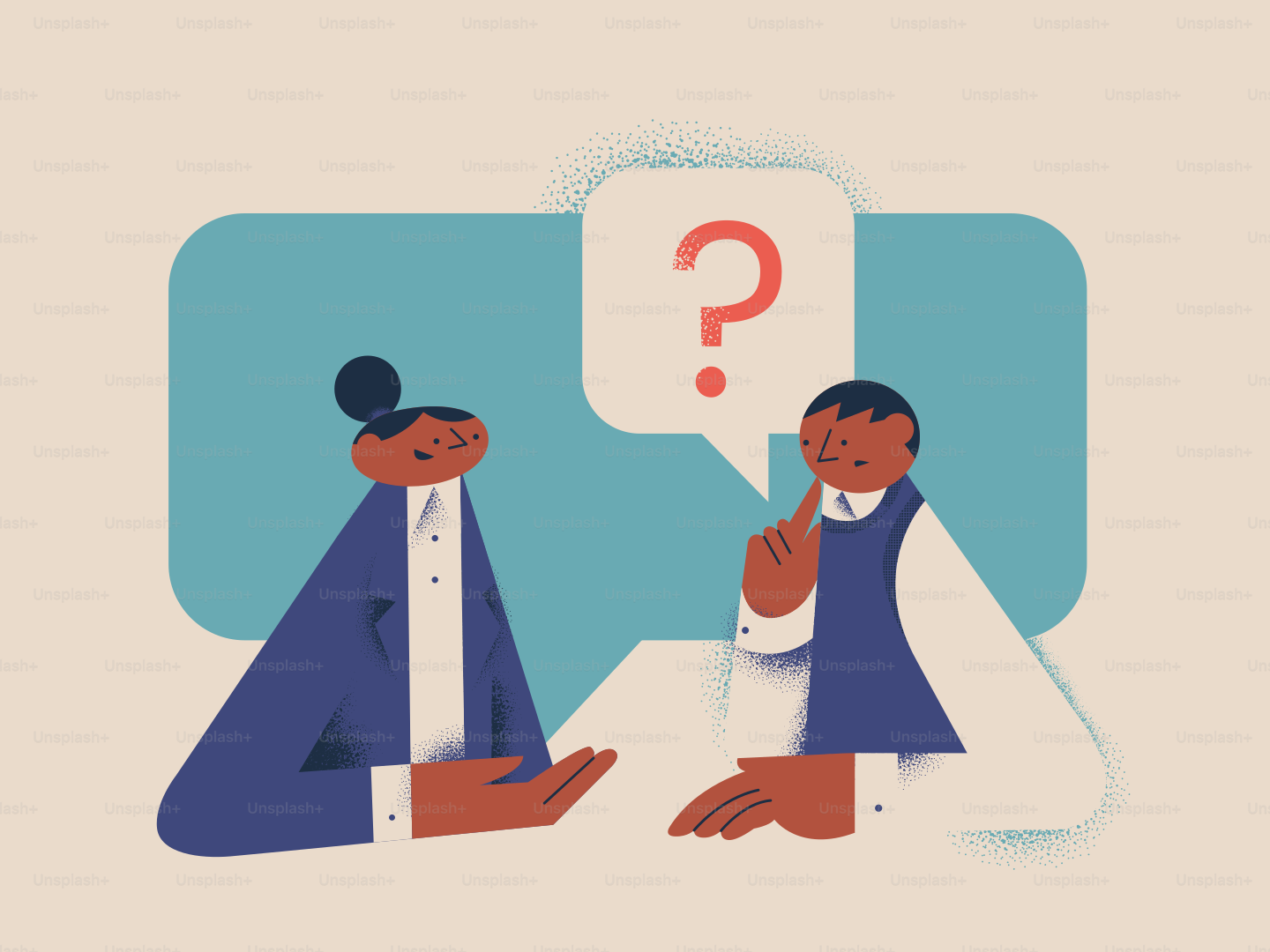 Two people talking with a question mark bubble.