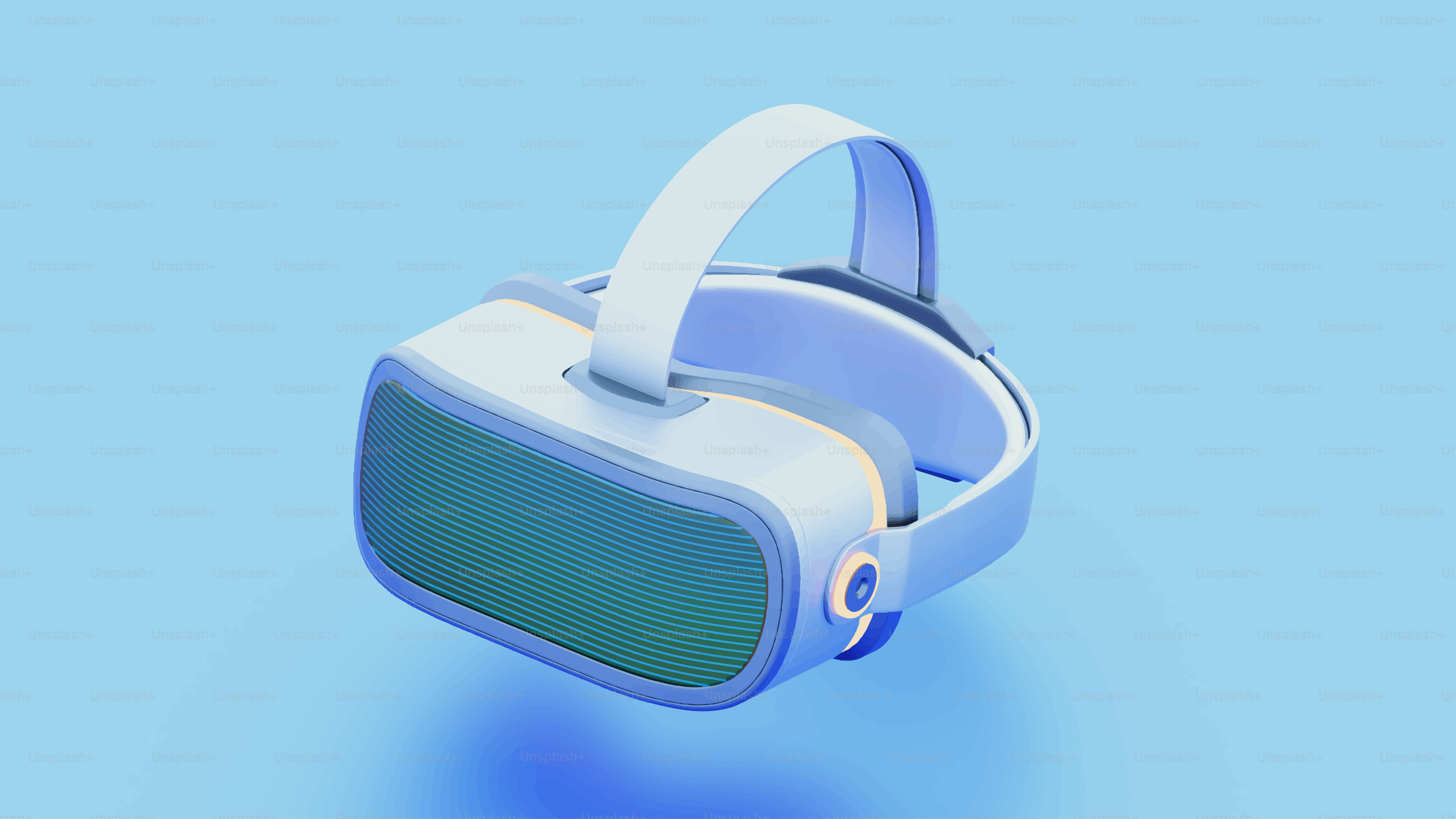 Flota un casco de realidad virtual blanco y azul.