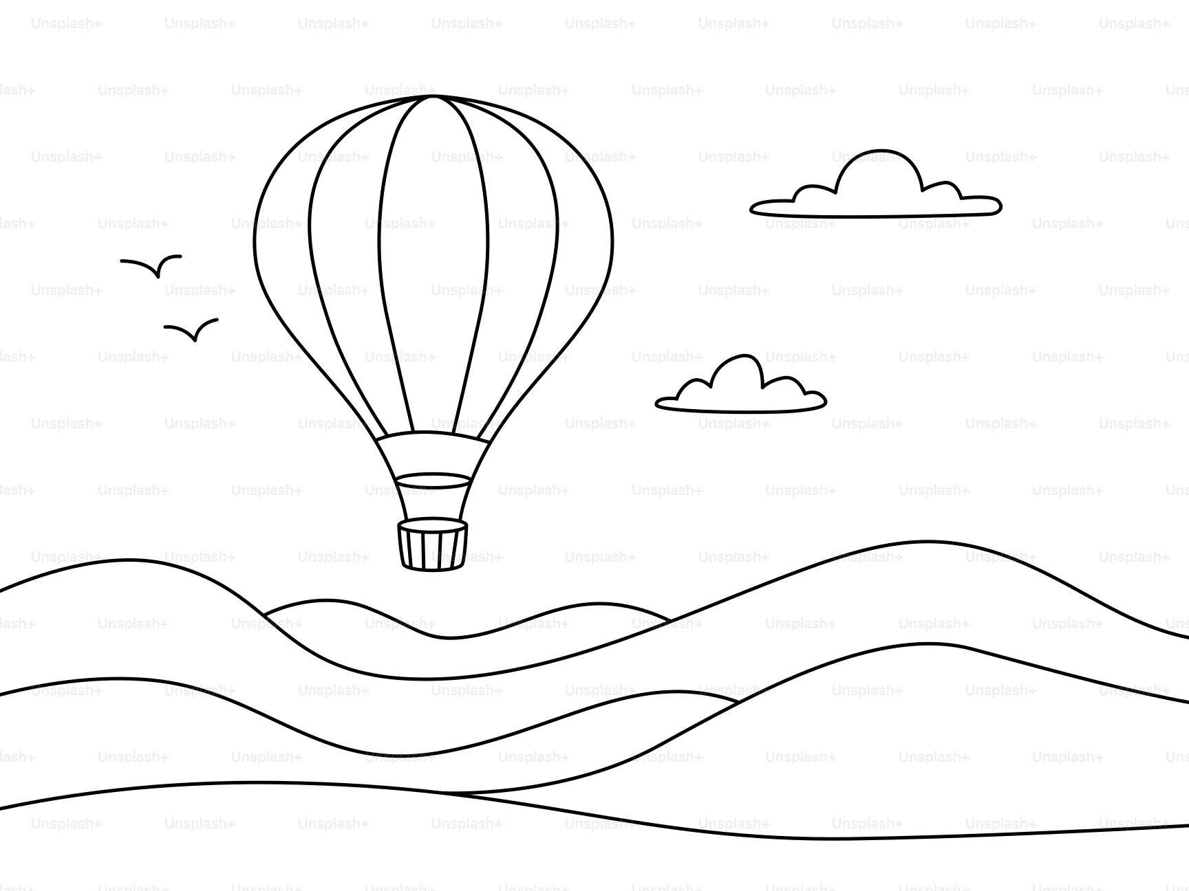 Hot air balloon flying over rolling hills