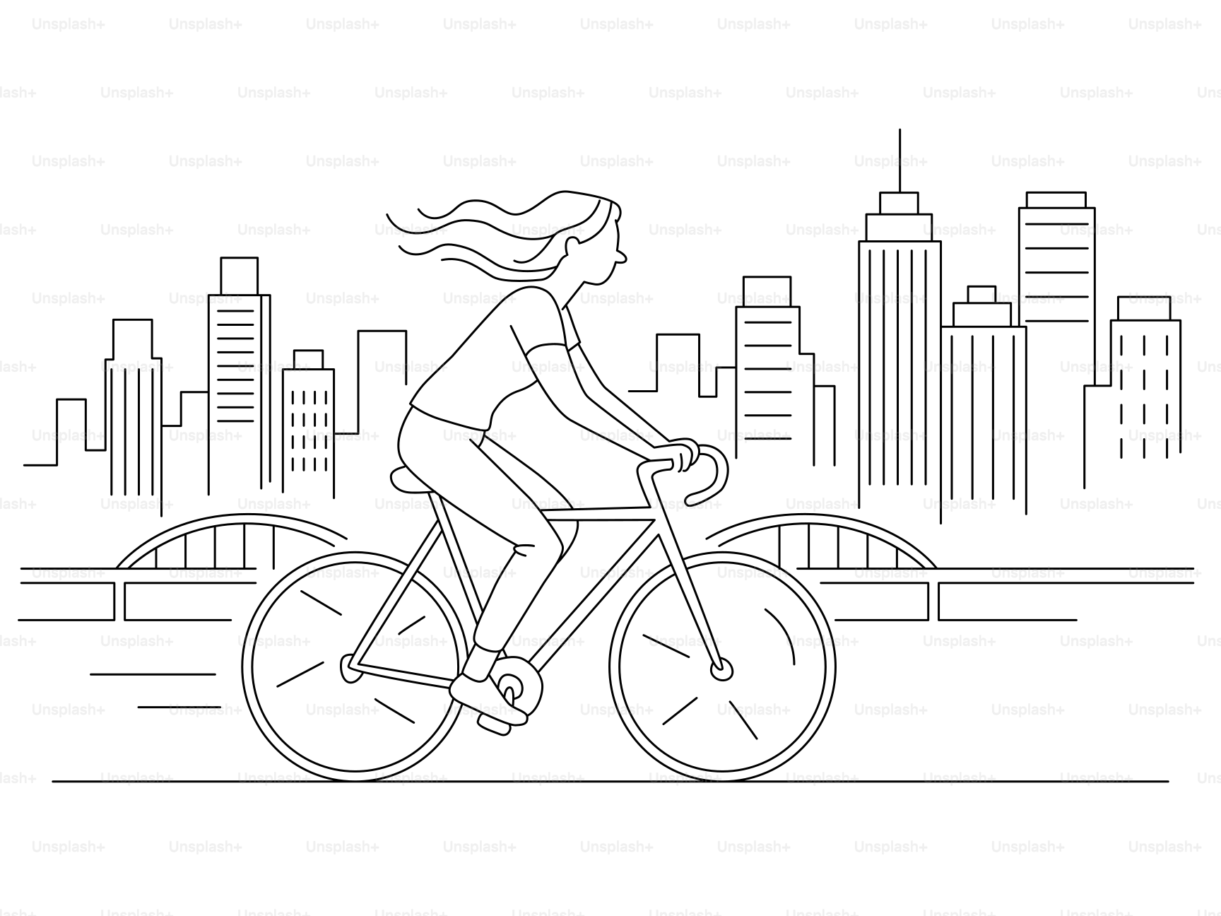 Woman cycling in city with buildings