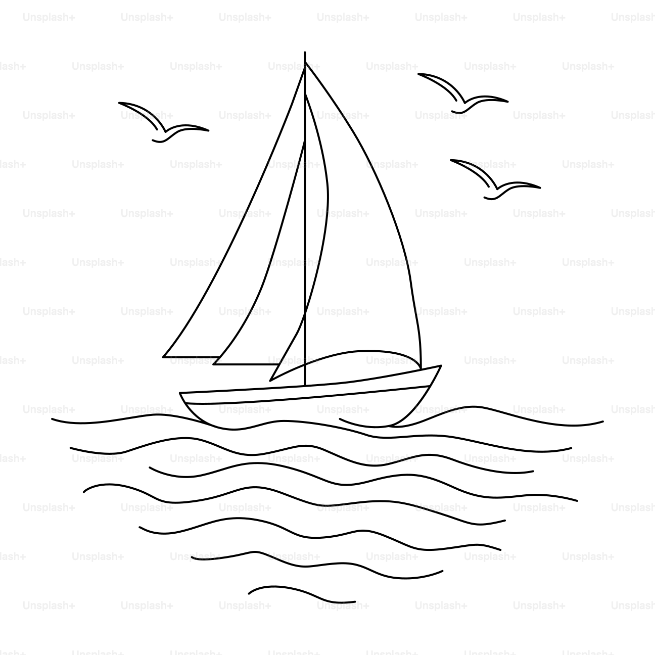 Sailboat on wavy water with birds flying.