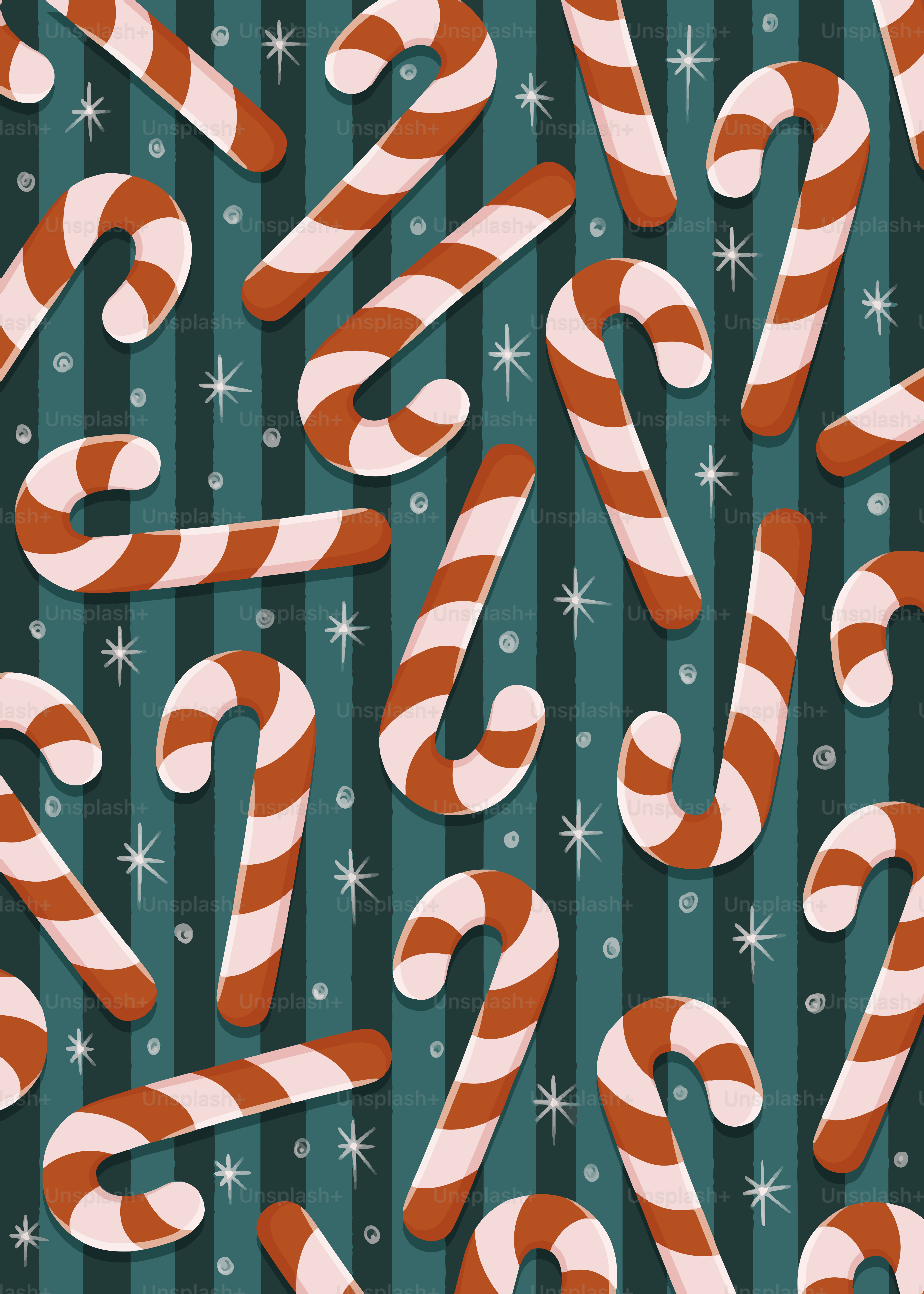 Candy canes scattered on a striped background.