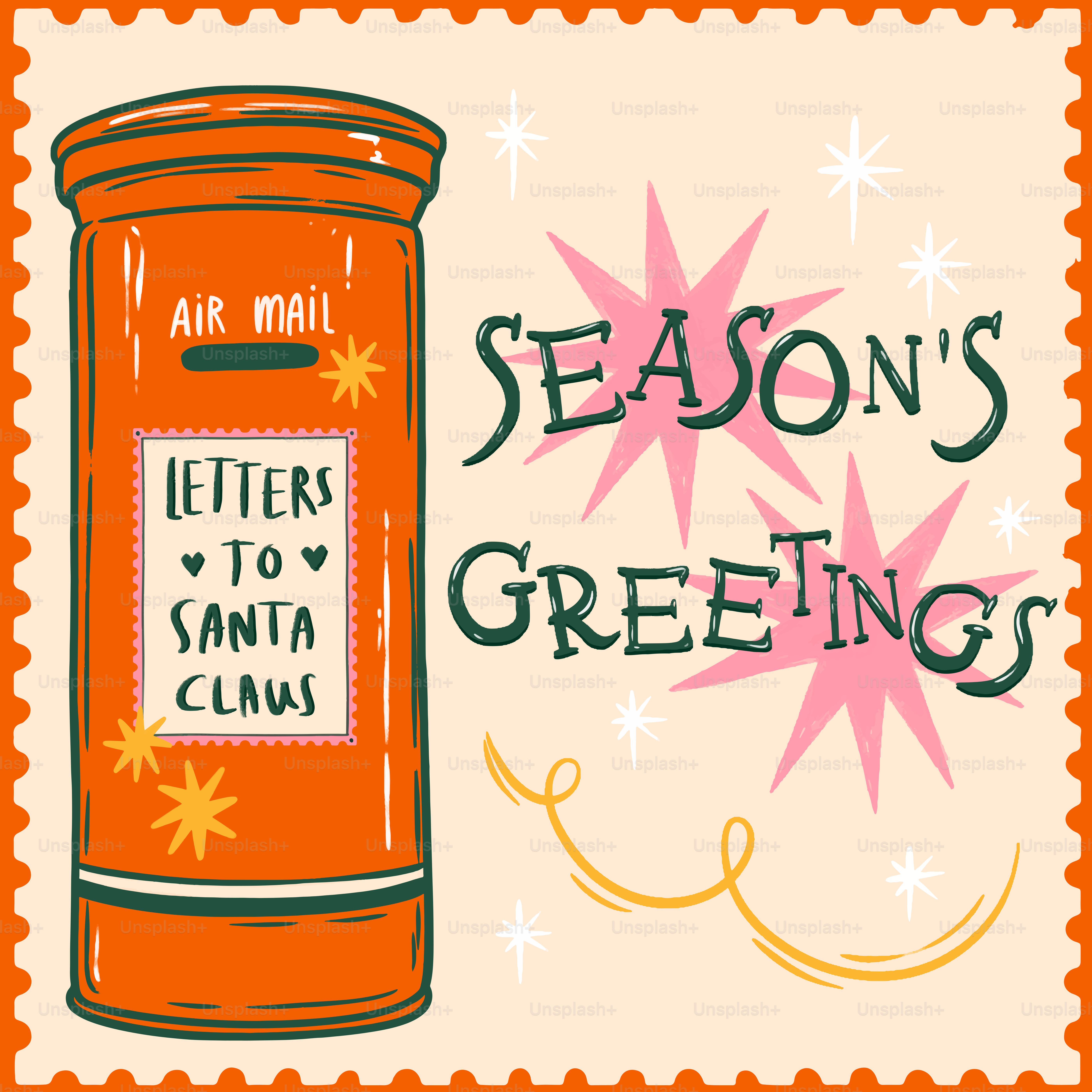 Orange mailbox with 'letters to santa claus' and 'season's greetings'.