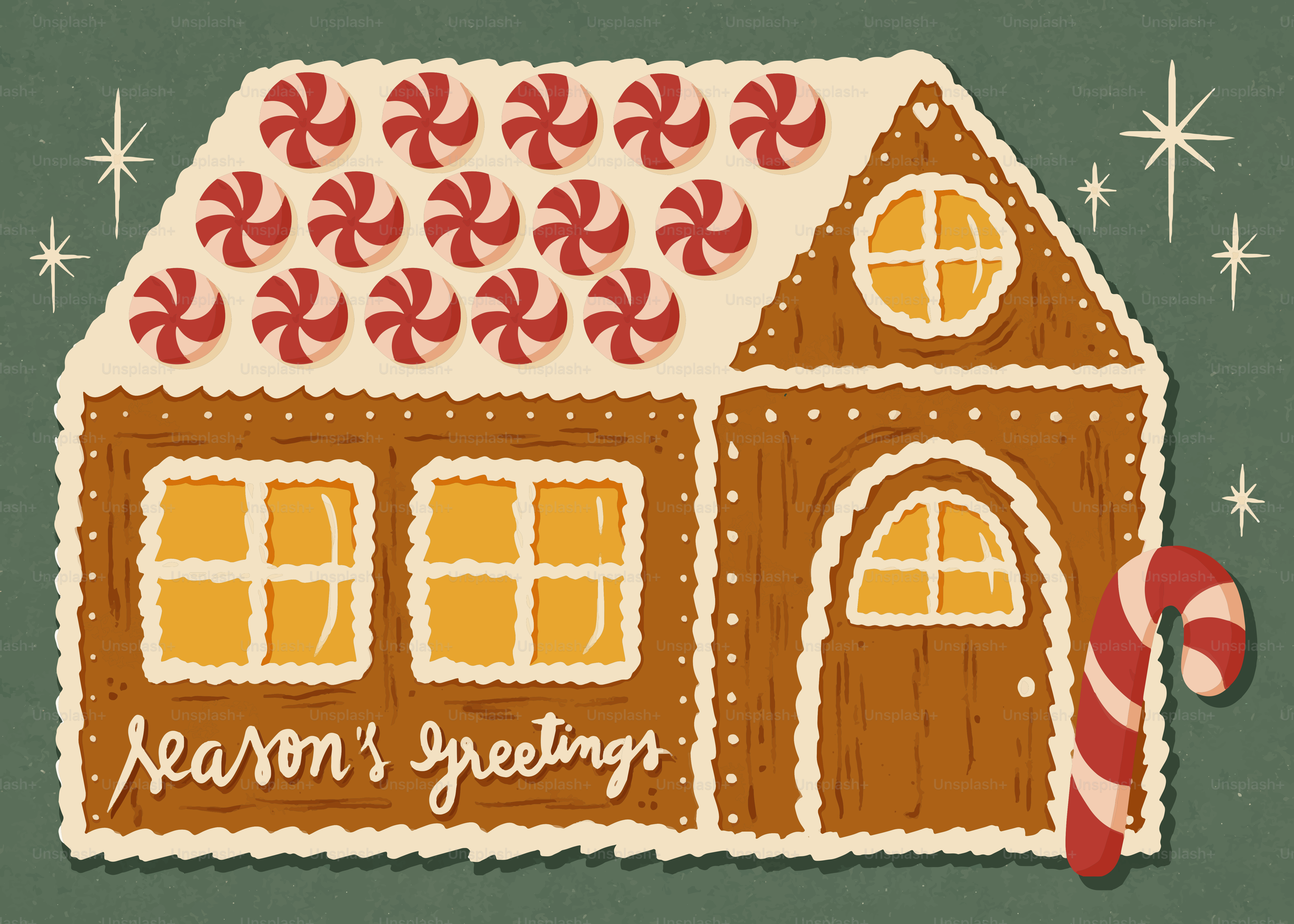 A festive gingerbread house decorated with candy canes.