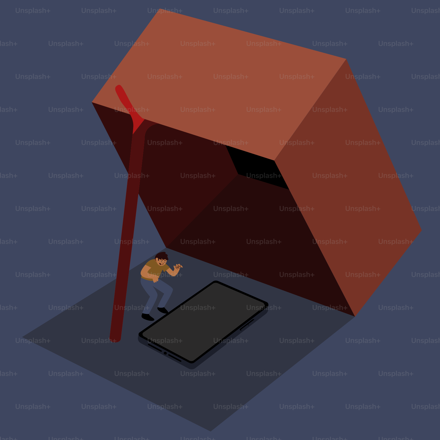 Person trapped under box with smartphone