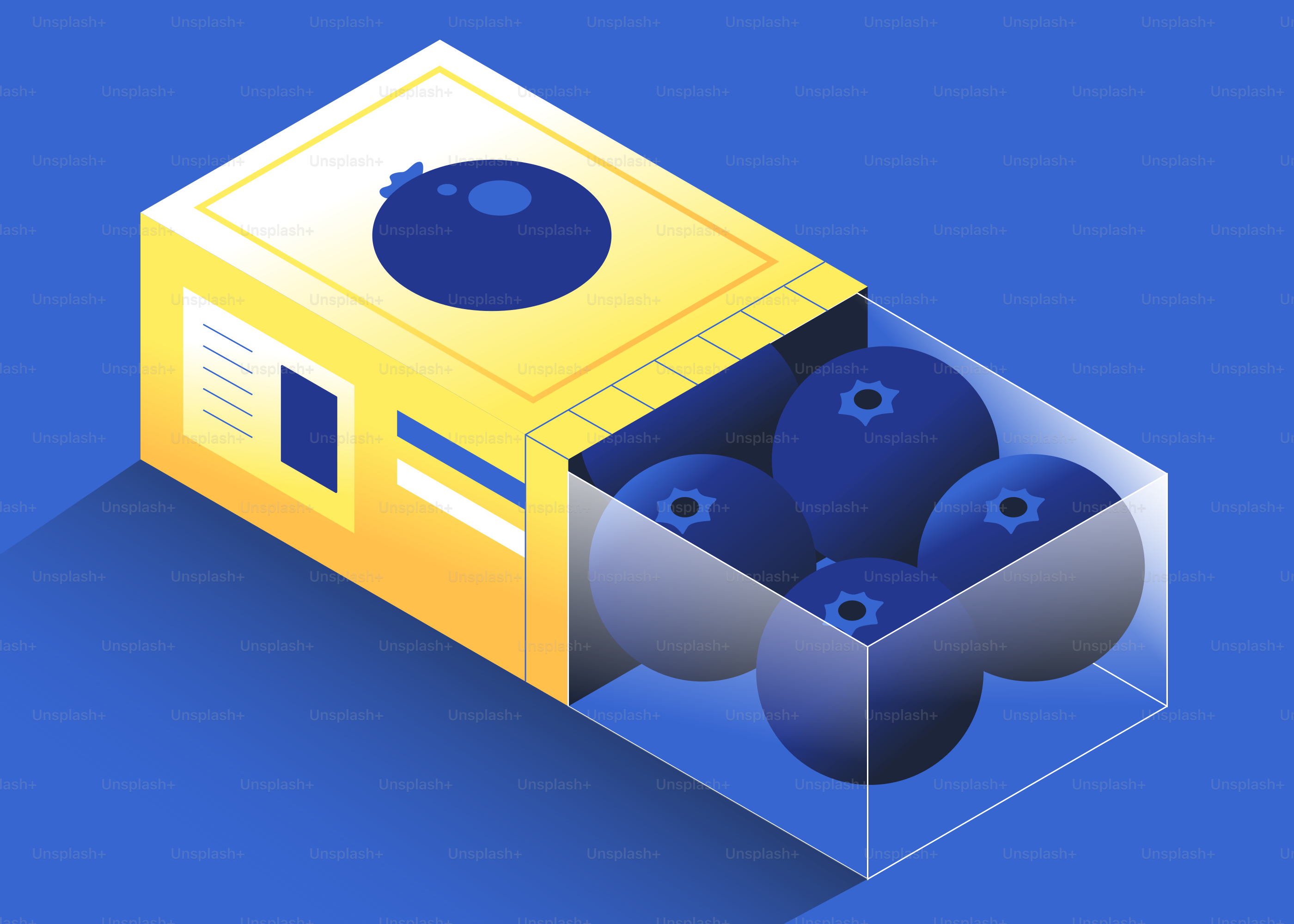 A box of fresh blueberries on a blue background