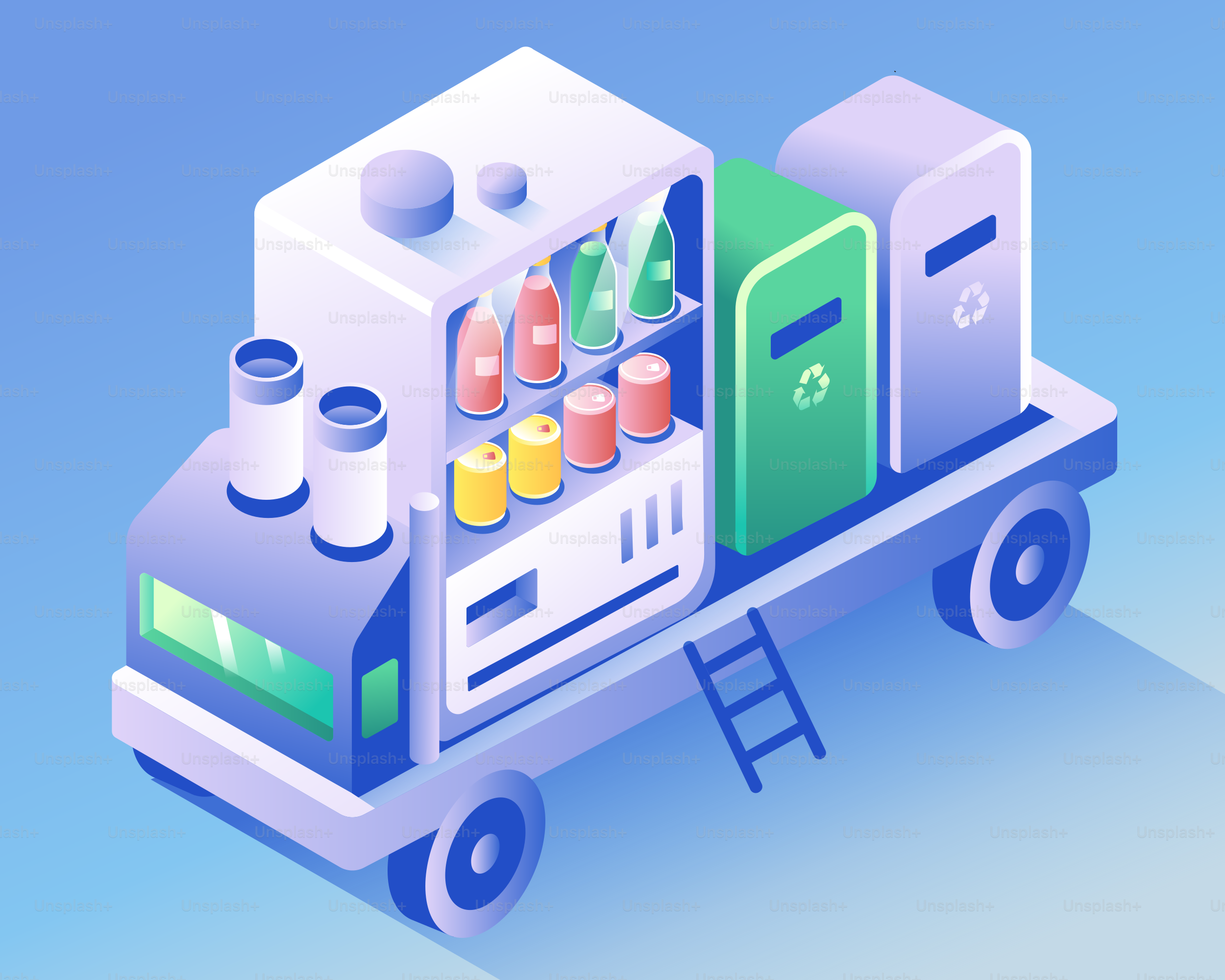 Recycling truck with bins and bottles