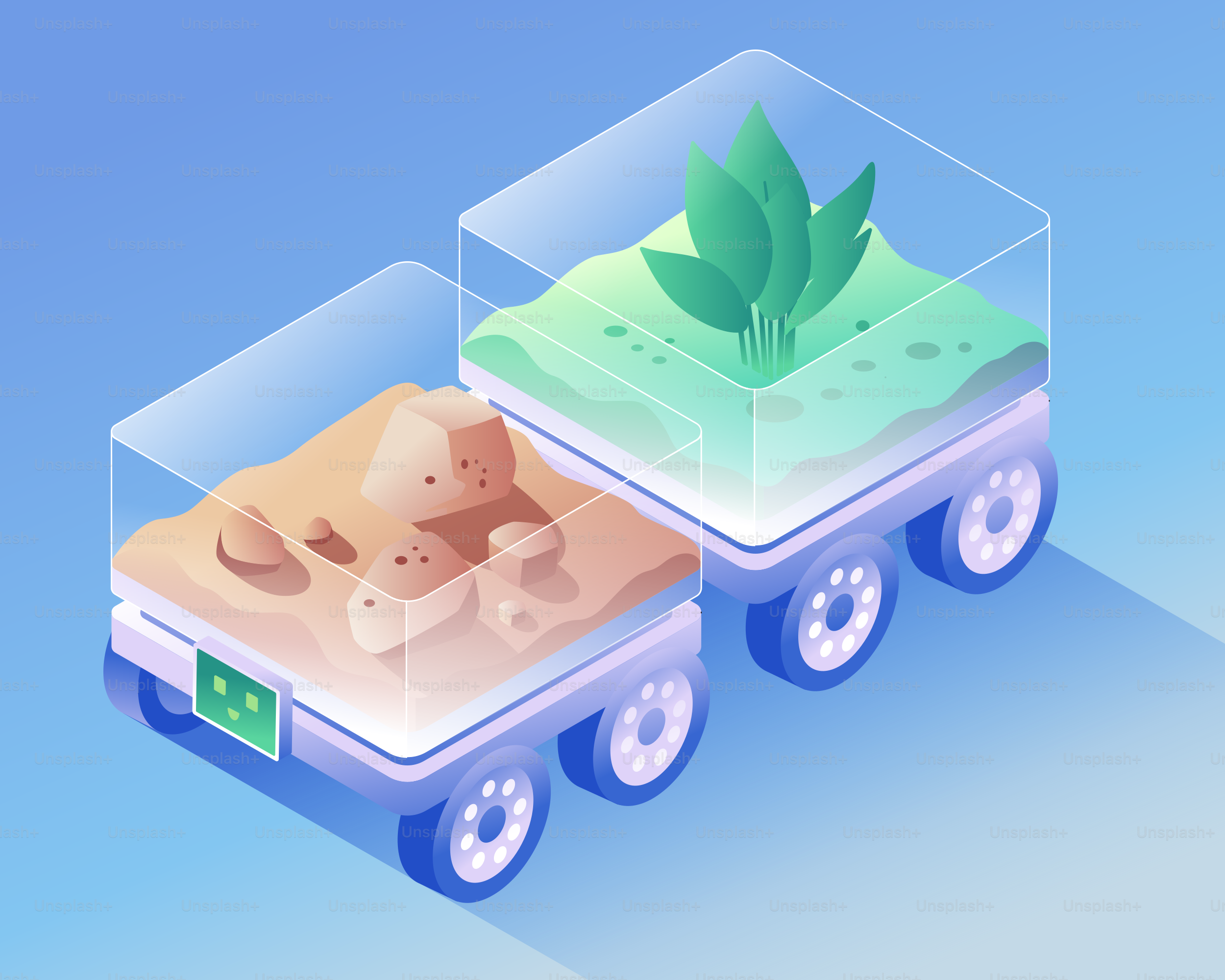 Two robotic carts with soil and plants