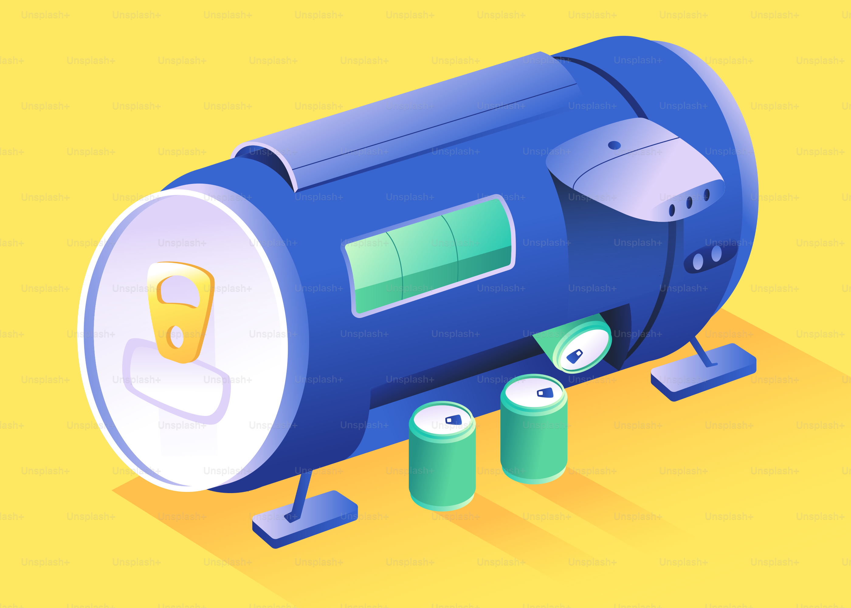 Blue cylindrical machine with green cans