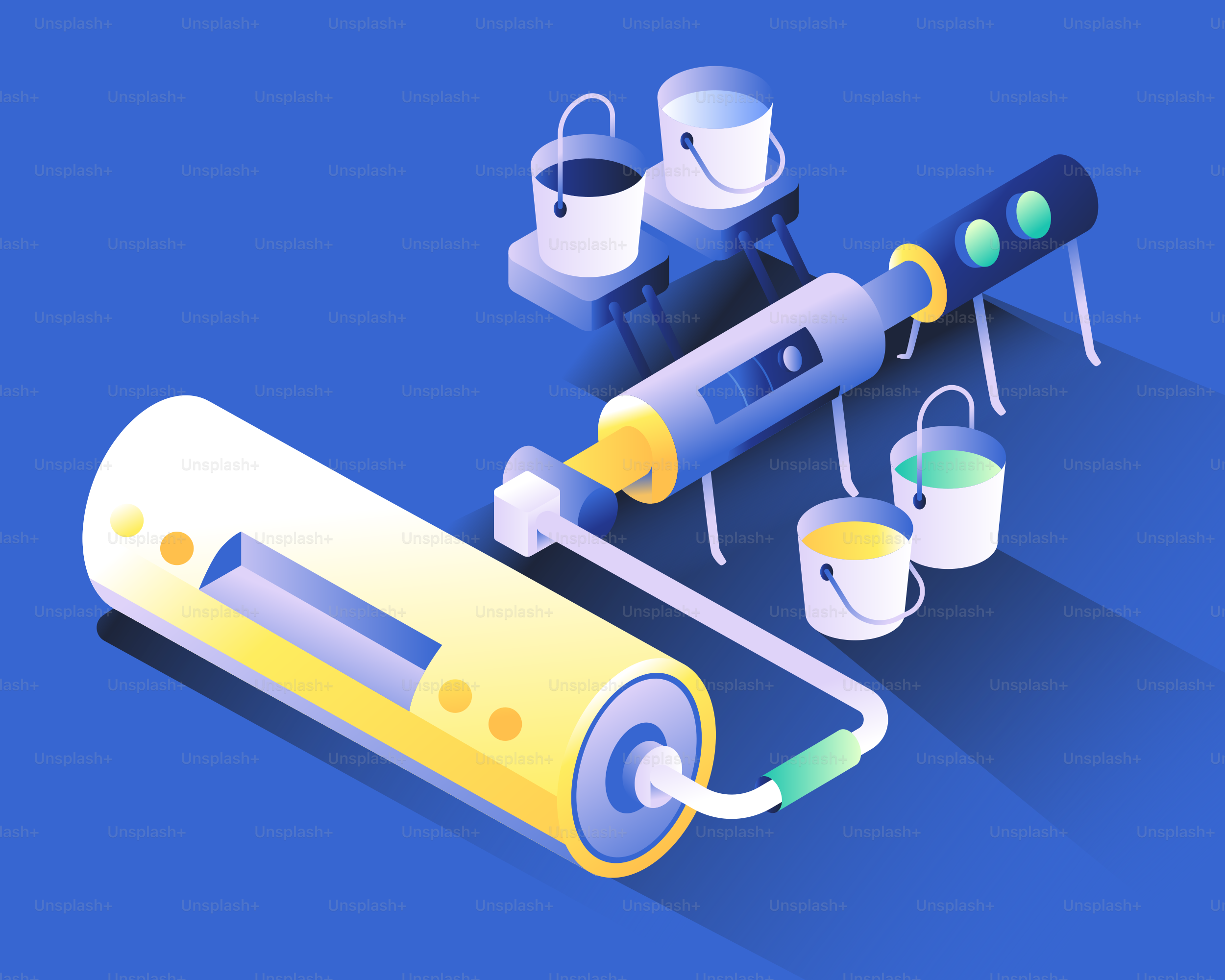 Paint roller with buckets of paint on blue background