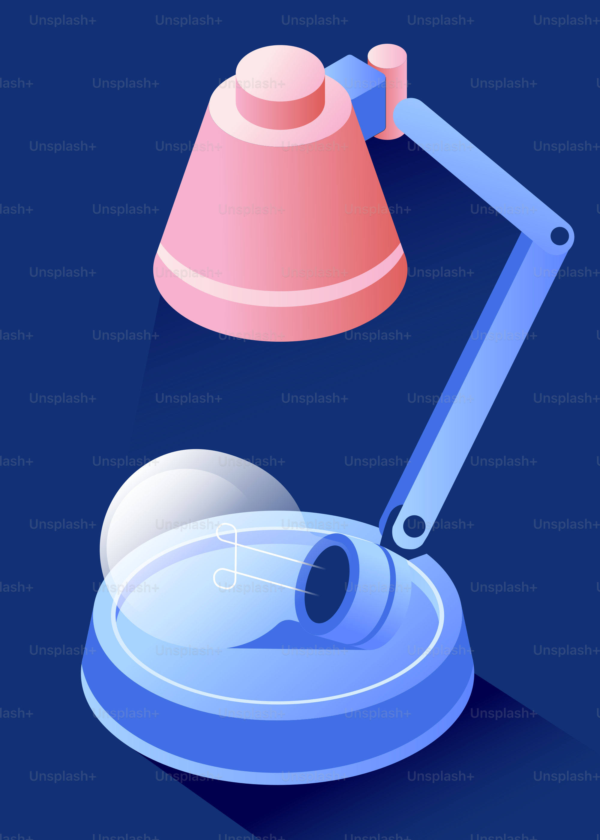 A pink and blue desk lamp with lightbulb